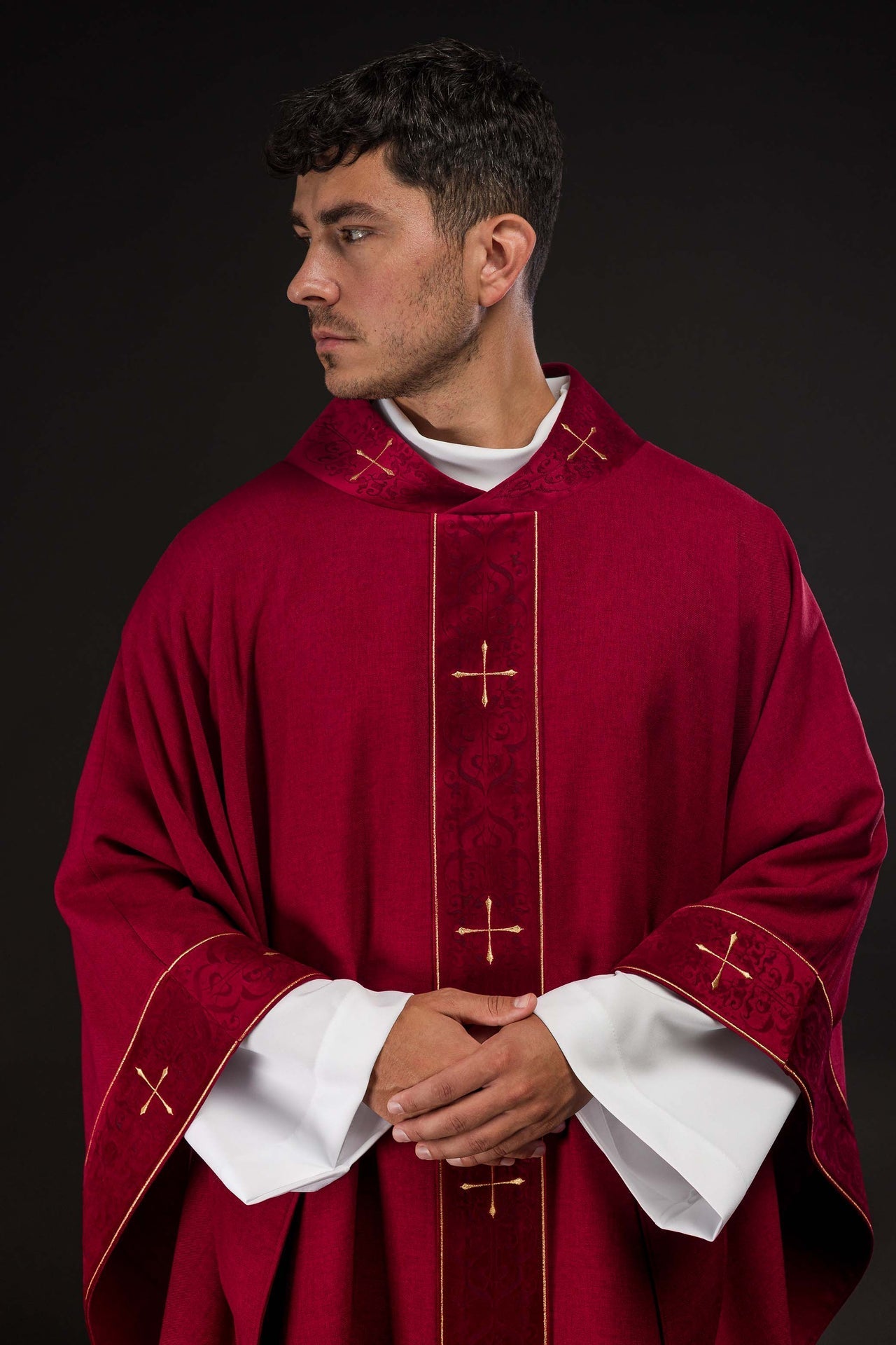 Red Chasuble with Embroidered Cross Band and Collar LE/7073/02 - CHASUBLES.COM