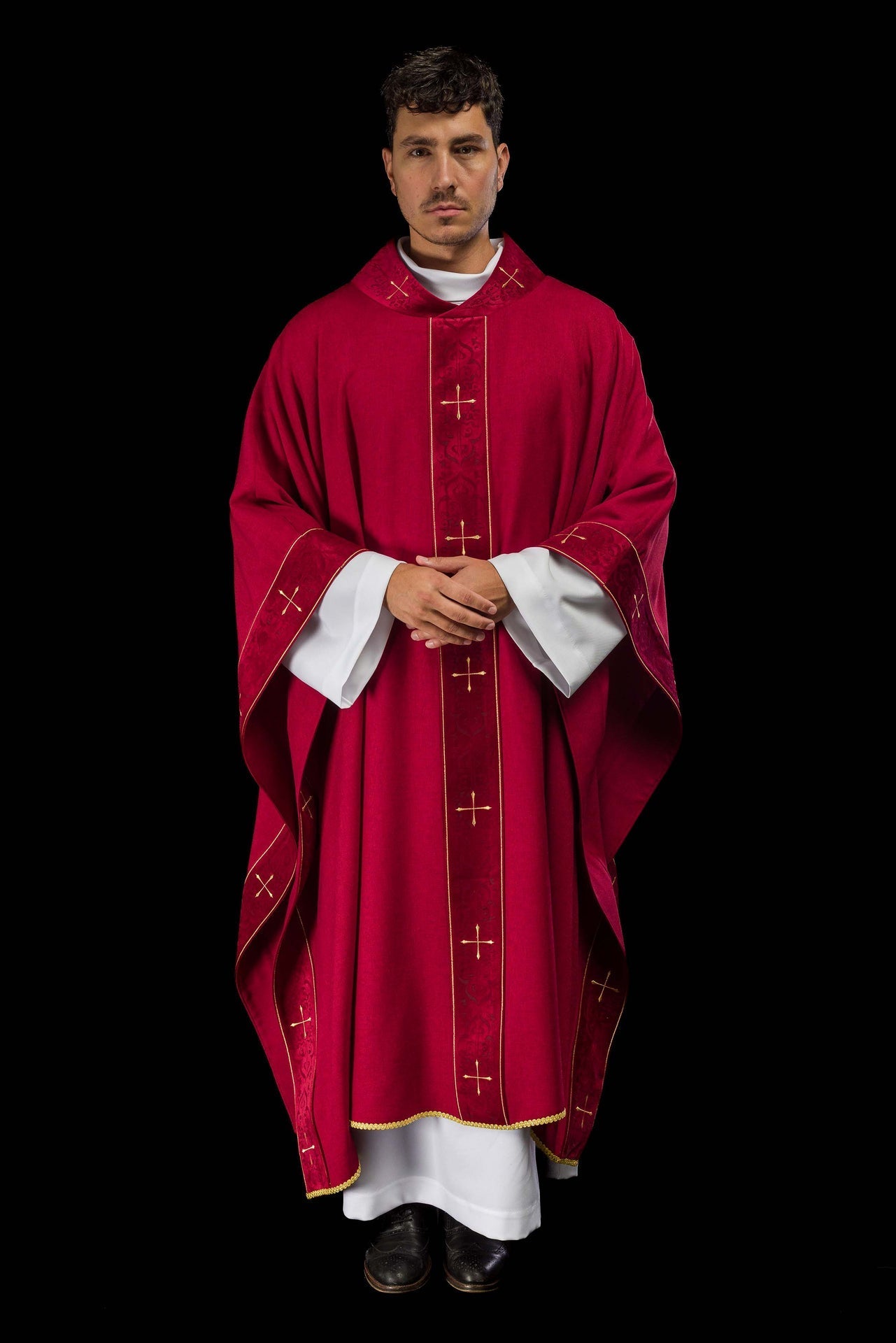 Red Chasuble with Embroidered Cross Band and Collar LE/7073/02 - CHASUBLES.COM