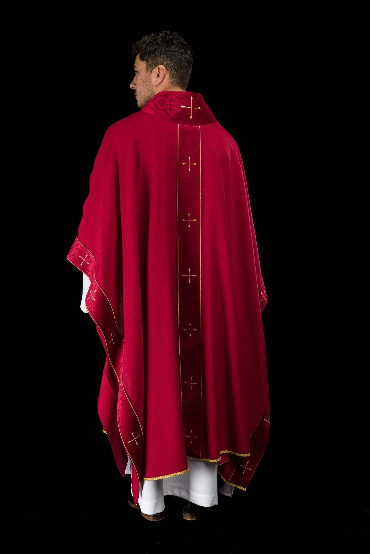 Red Chasuble with Embroidered Cross Band and Collar LE/7073/02 - CHASUBLES.COM