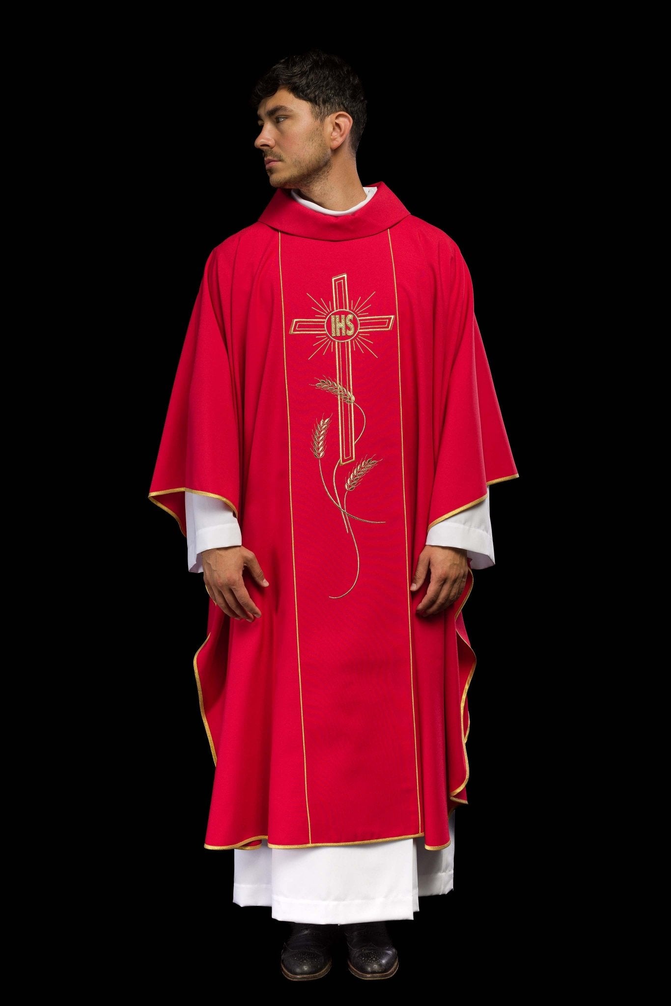 Red chasuble with embroidered Cross IHS symbol KOR/074/02/01 CZERWONY - CHASUBLES.COM