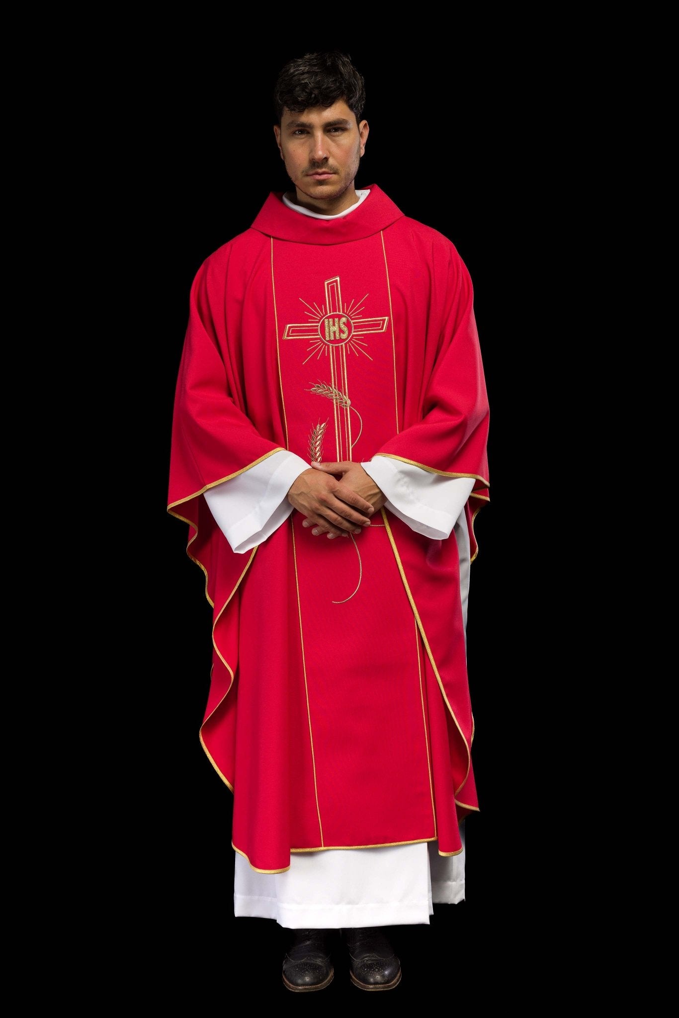 Red chasuble with embroidered Cross IHS symbol KOR/074/02/01 CZERWONY - CHASUBLES.COM