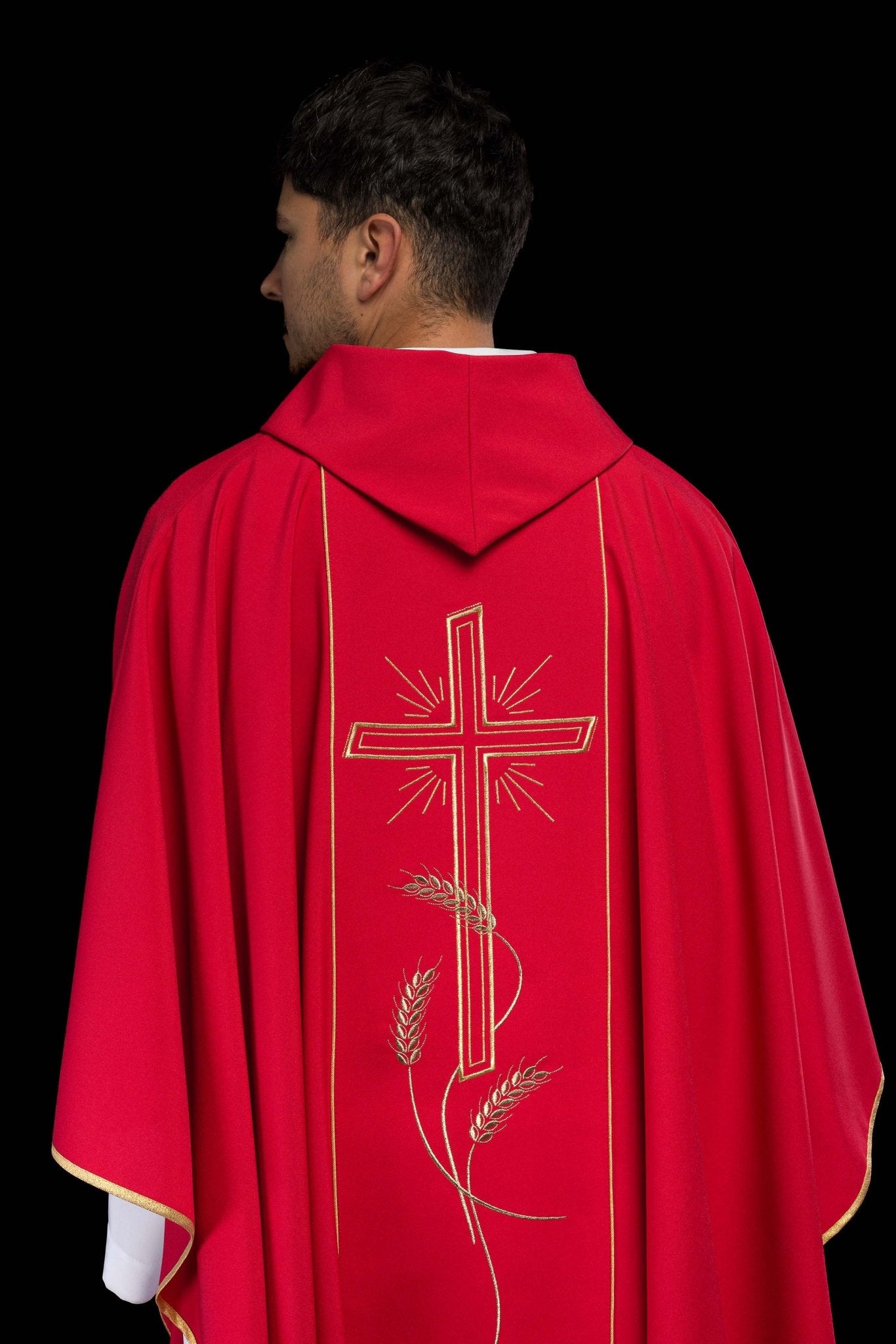 Red chasuble with embroidered Cross IHS symbol KOR/074/02/01 CZERWONY - CHASUBLES.COM