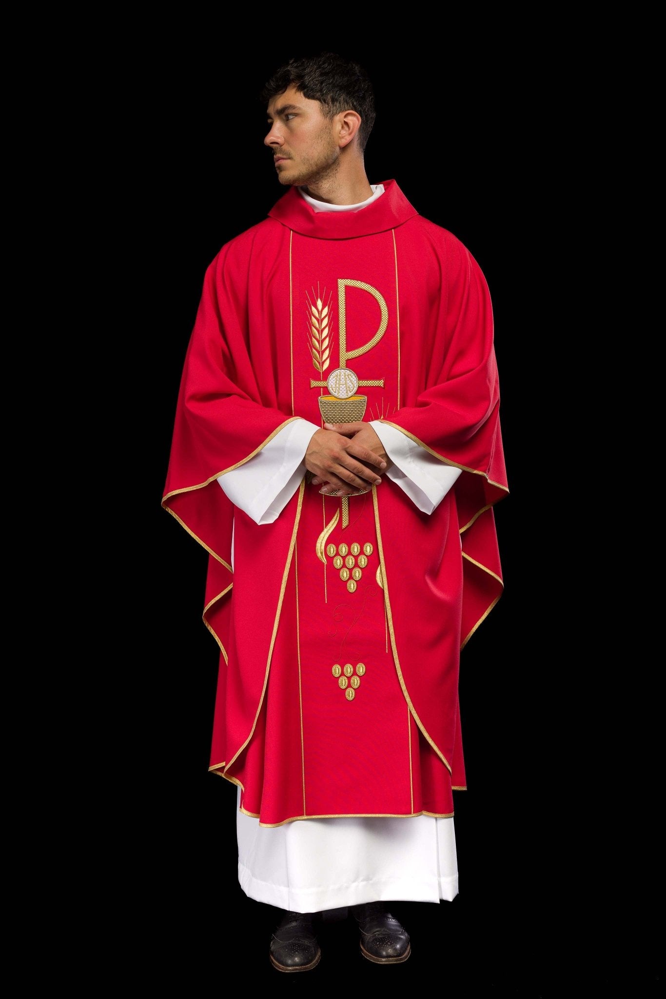 Red chasuble with embroidered PX and chalice symbol KOR/001/02/01 CZERWONY - CHASUBLES.COM