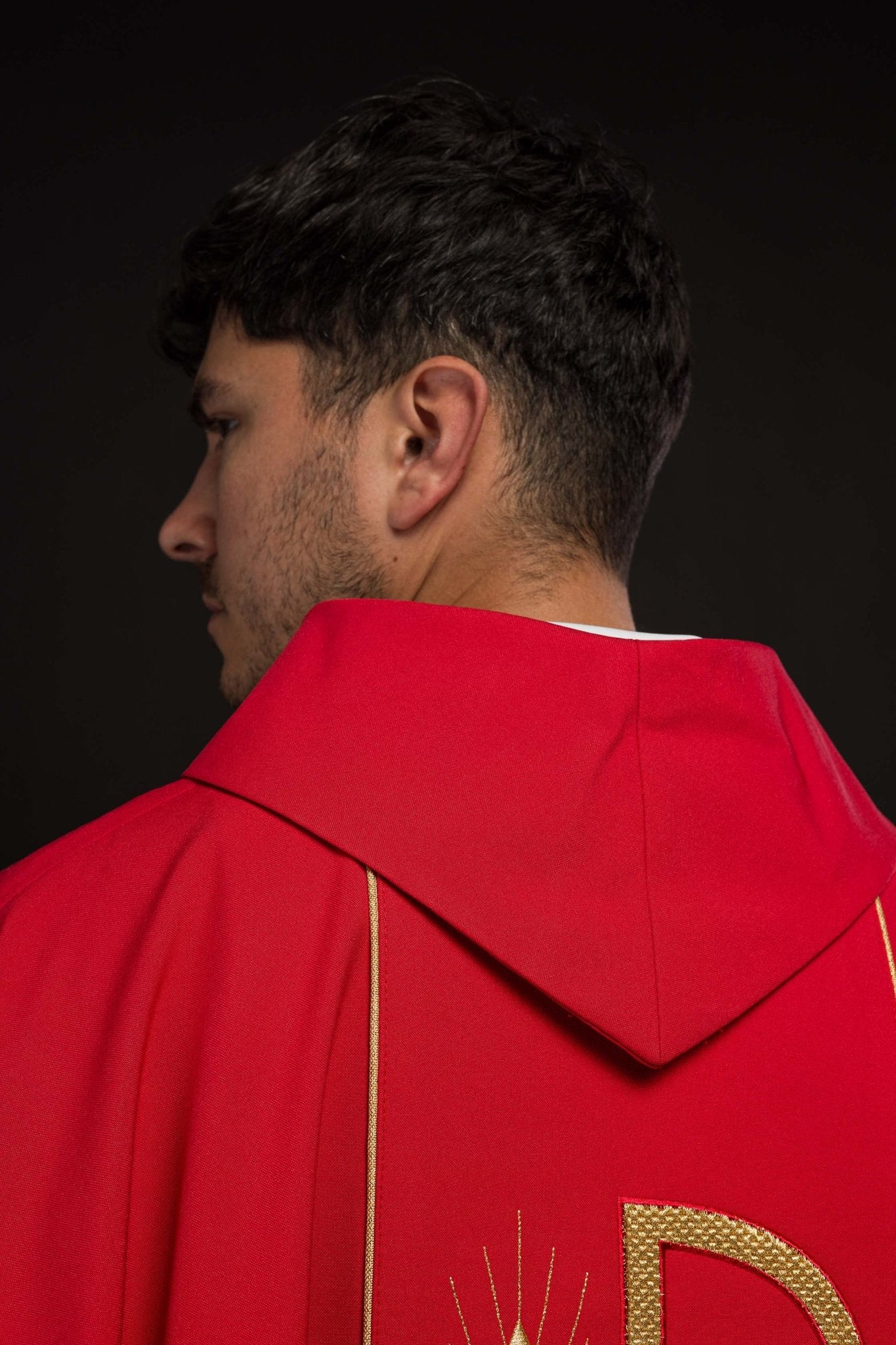 Red chasuble with embroidered PX and chalice symbol KOR/001/02/01 CZERWONY - CHASUBLES.COM