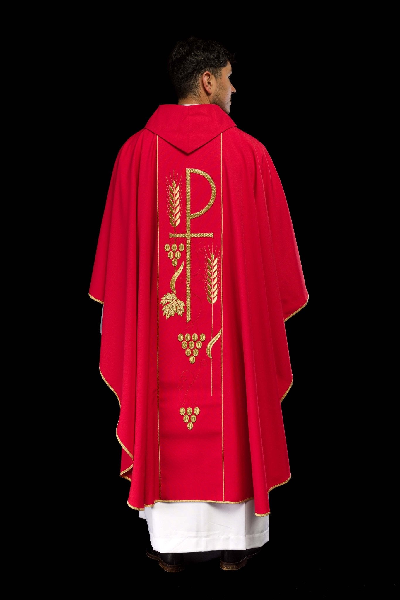 Red chasuble with embroidered PX and chalice symbol KOR/001/02/01 CZERWONY - CHASUBLES.COM