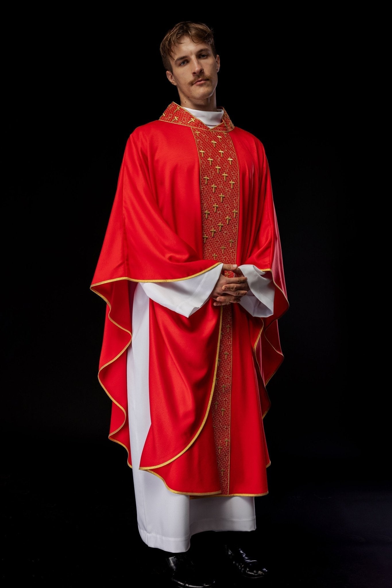 Red chasuble with gold cross embroidery on wide orphrey and collar S - 7062 - 02 - 53 - HAFTINAUSA.COM