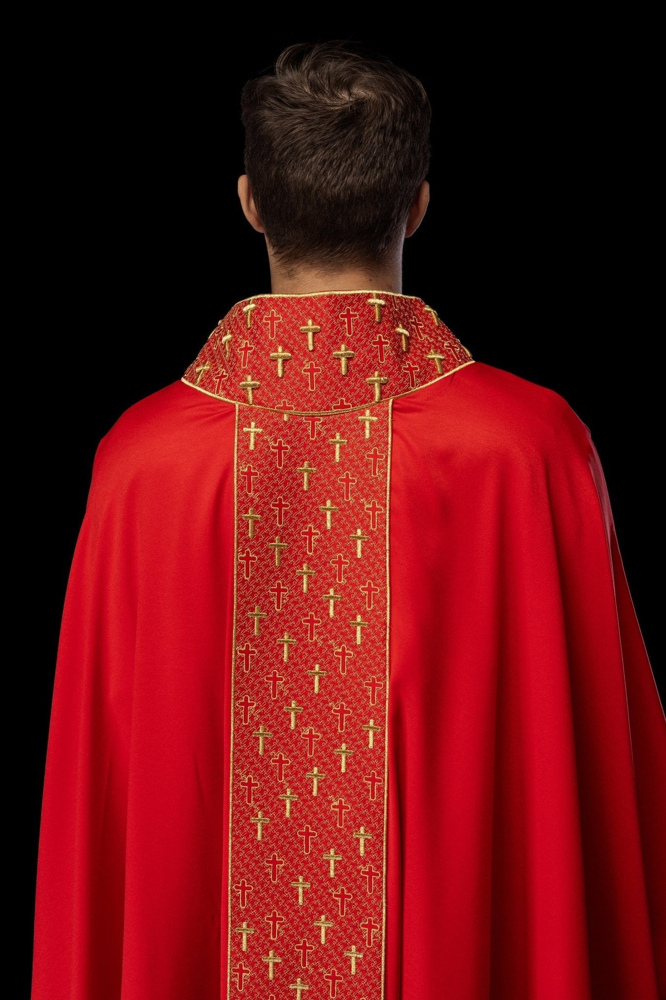 Red chasuble with gold cross embroidery on wide orphrey and collar S - 7062 - 02 - 53 - HAFTINAUSA.COM