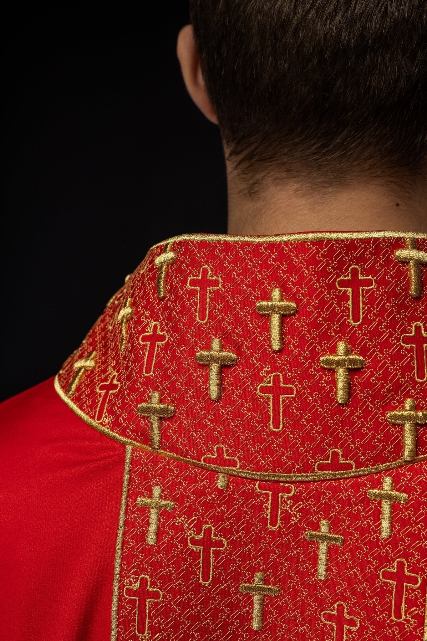 Red chasuble with gold cross embroidery on wide orphrey and collar S - 7062 - 02 - 53 - HAFTINAUSA.COM