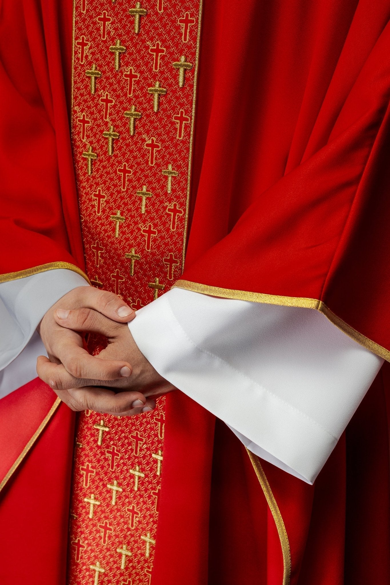 Red chasuble with gold cross embroidery on wide orphrey and collar S - 7062 - 02 - 53 - HAFTINAUSA.COM