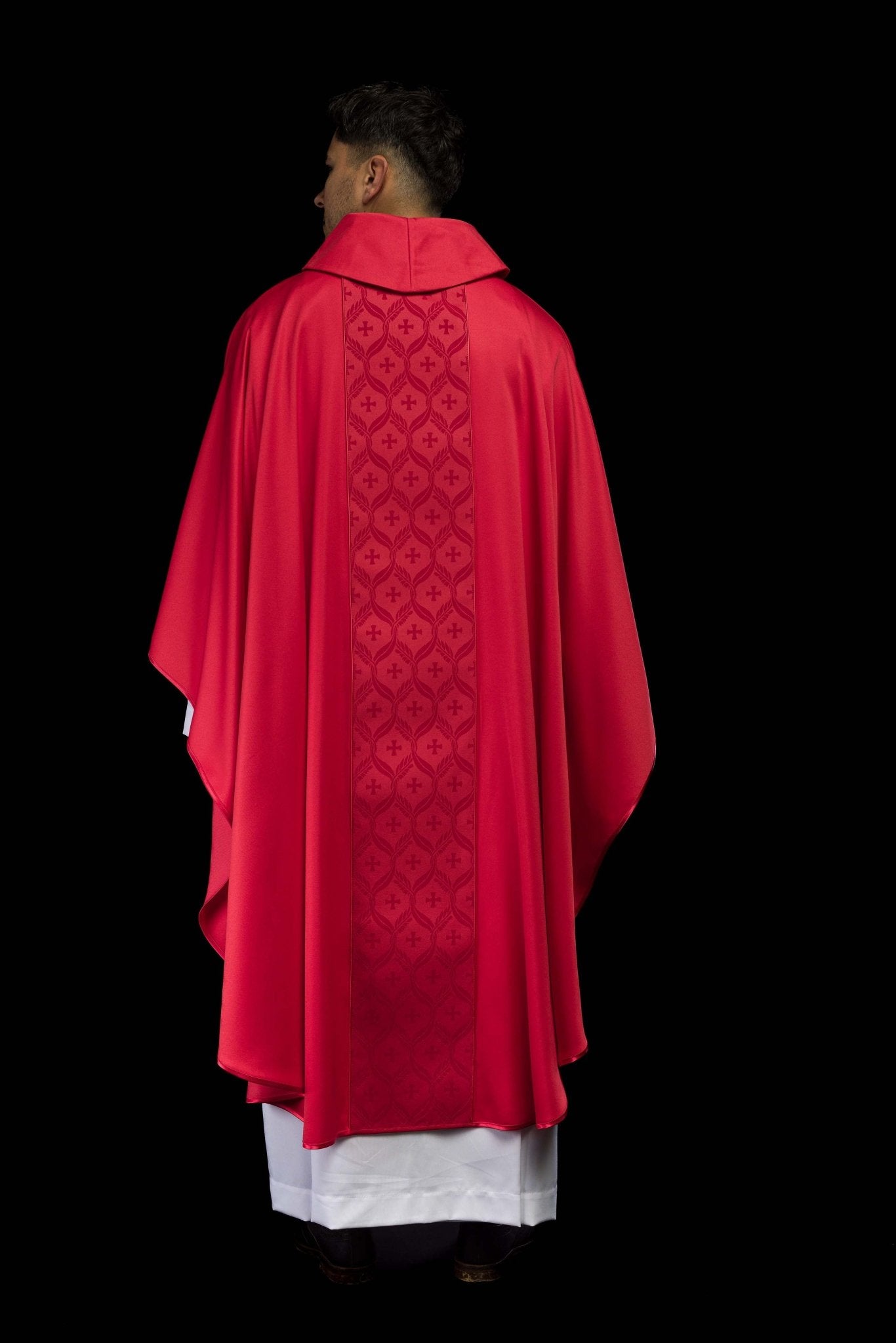 Red Chasuble with Jacquard Orphrey Featuring Cross Motifs KOR/402/02/53 - CHASUBLES.COM