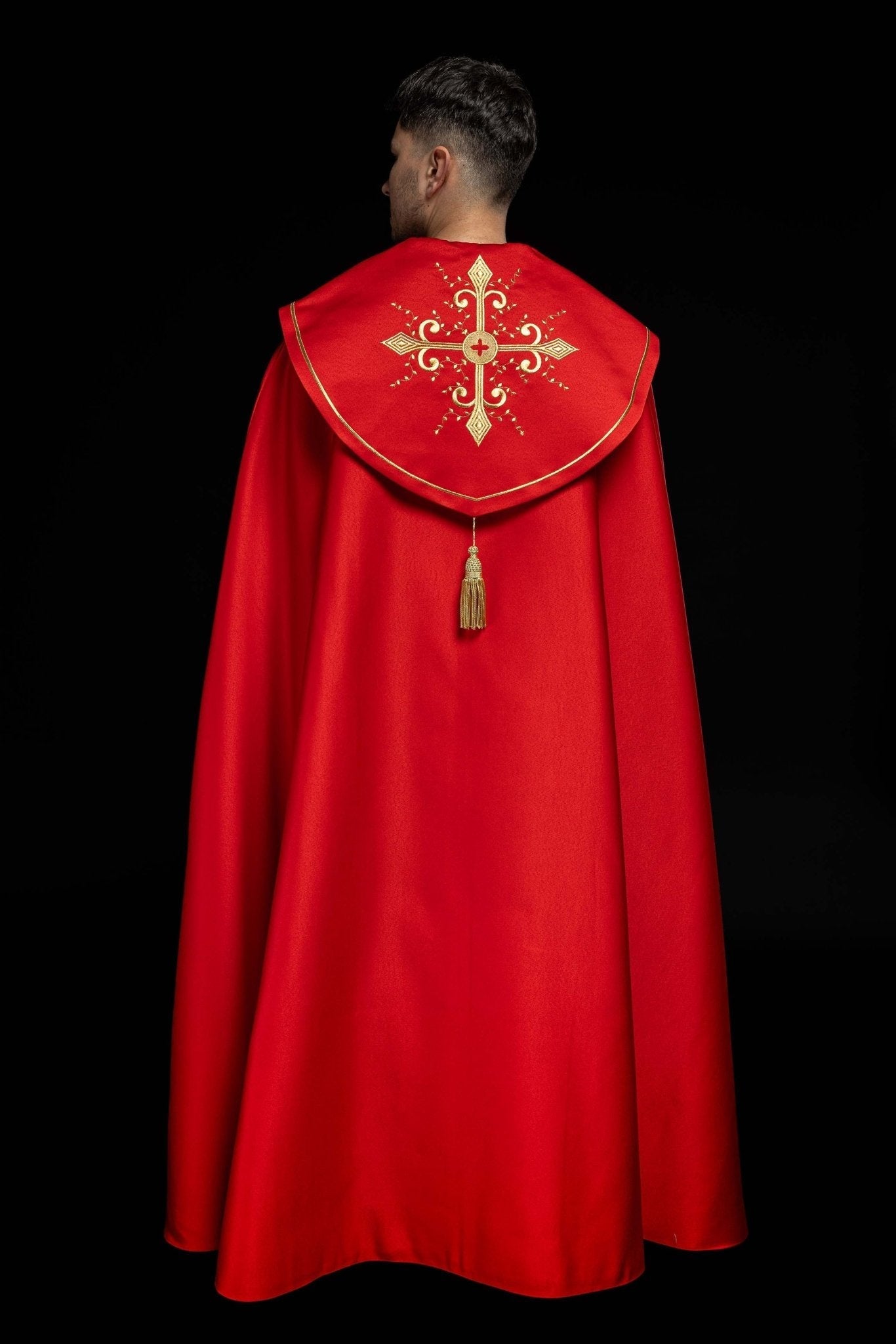 Red church cope with embroidery with gold crosses KKP/024/02/20 CZERWONA SAT. POMPON 145cm - HAFTINAUSA.COM