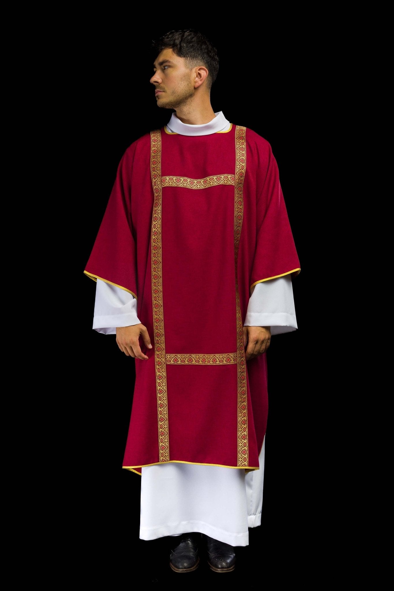 Red dalmatic decorated with gold jacquard ribbons KDL/395/02/70/B - CHASUBLES.COM
