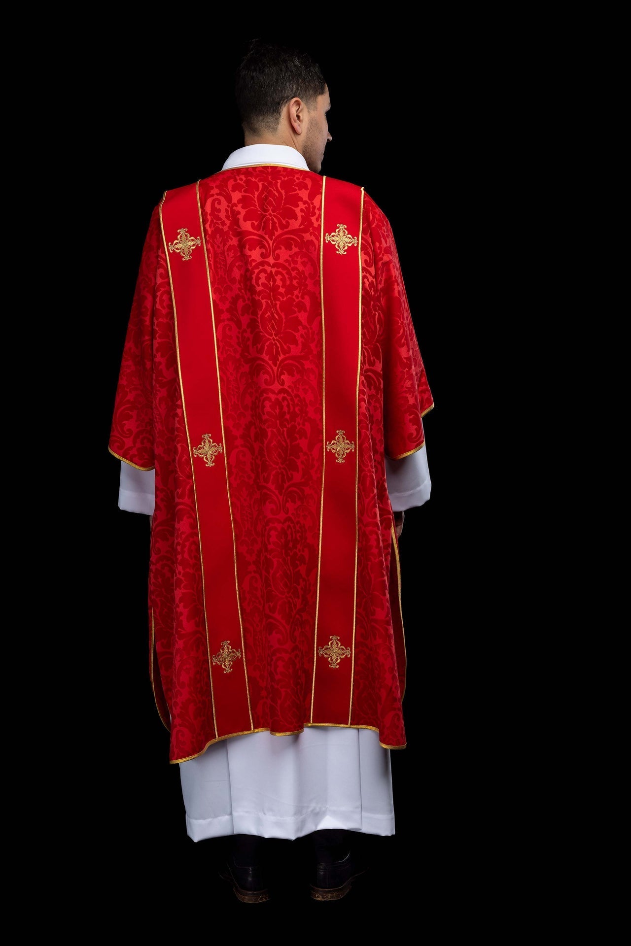 Red dalmatic in jacquard with bands and embroidered gold crosses KDL/284/02/81/B - CHASUBLES.COM