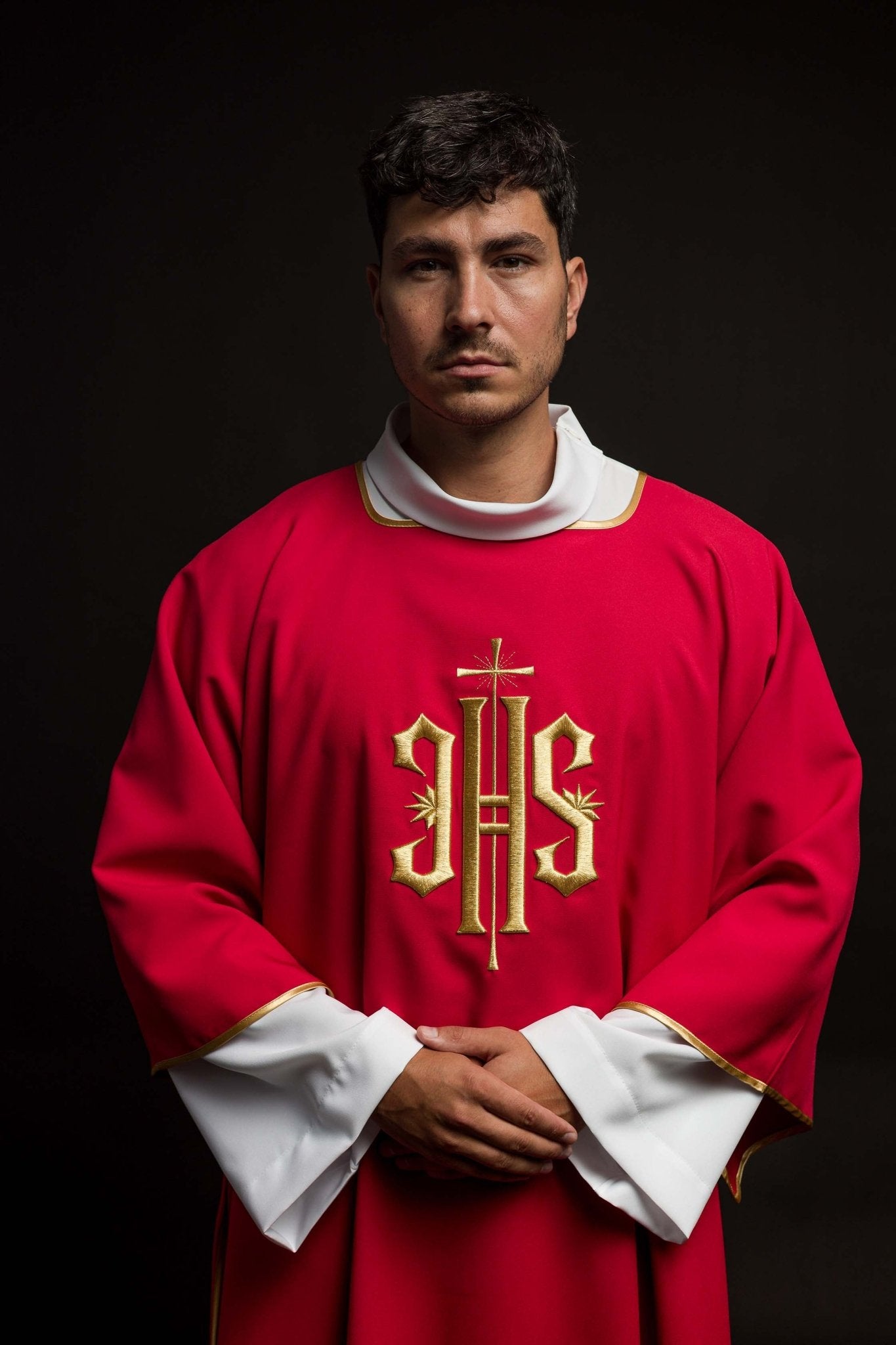 Red Dalmatic with Embroidered Gold IHS KDL/215/02/12/D - CHASUBLES.COM