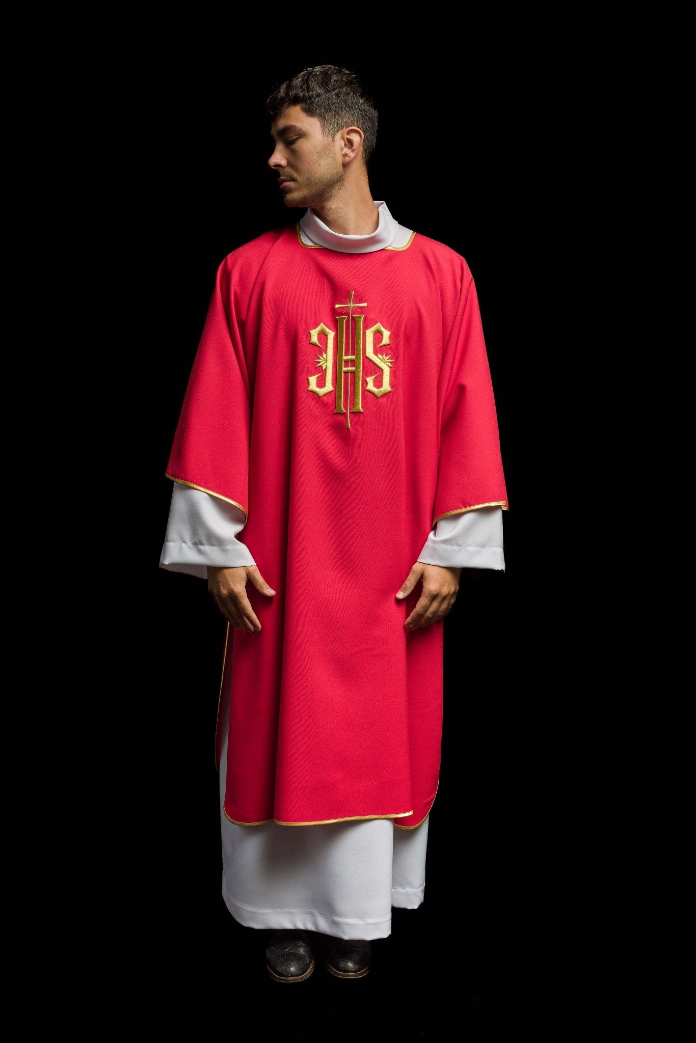 Red Dalmatic with Embroidered Gold IHS KDL/215/02/12/D - CHASUBLES.COM