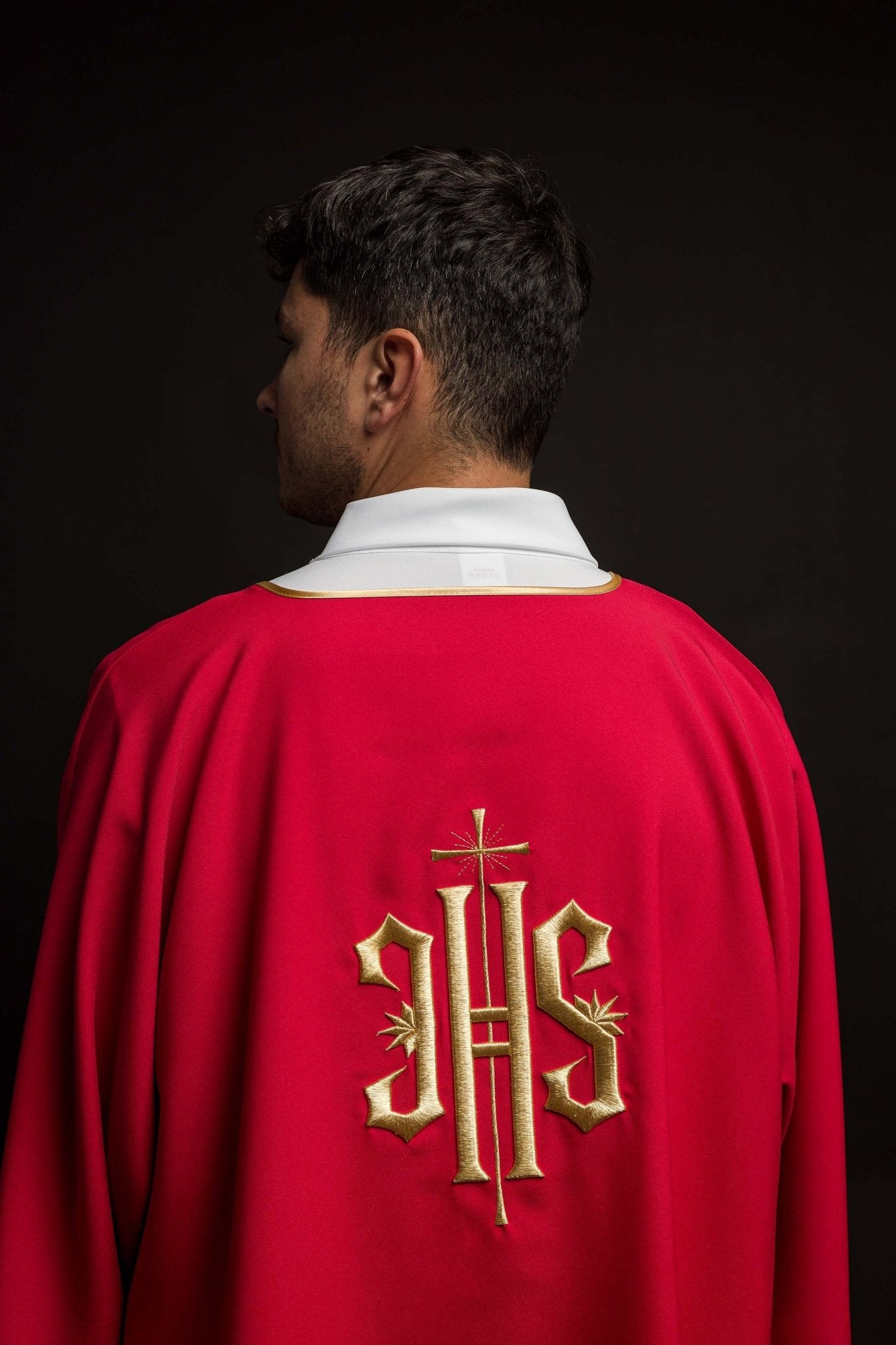 Red Dalmatic with Embroidered Gold IHS KDL/215/02/12/D - CHASUBLES.COM