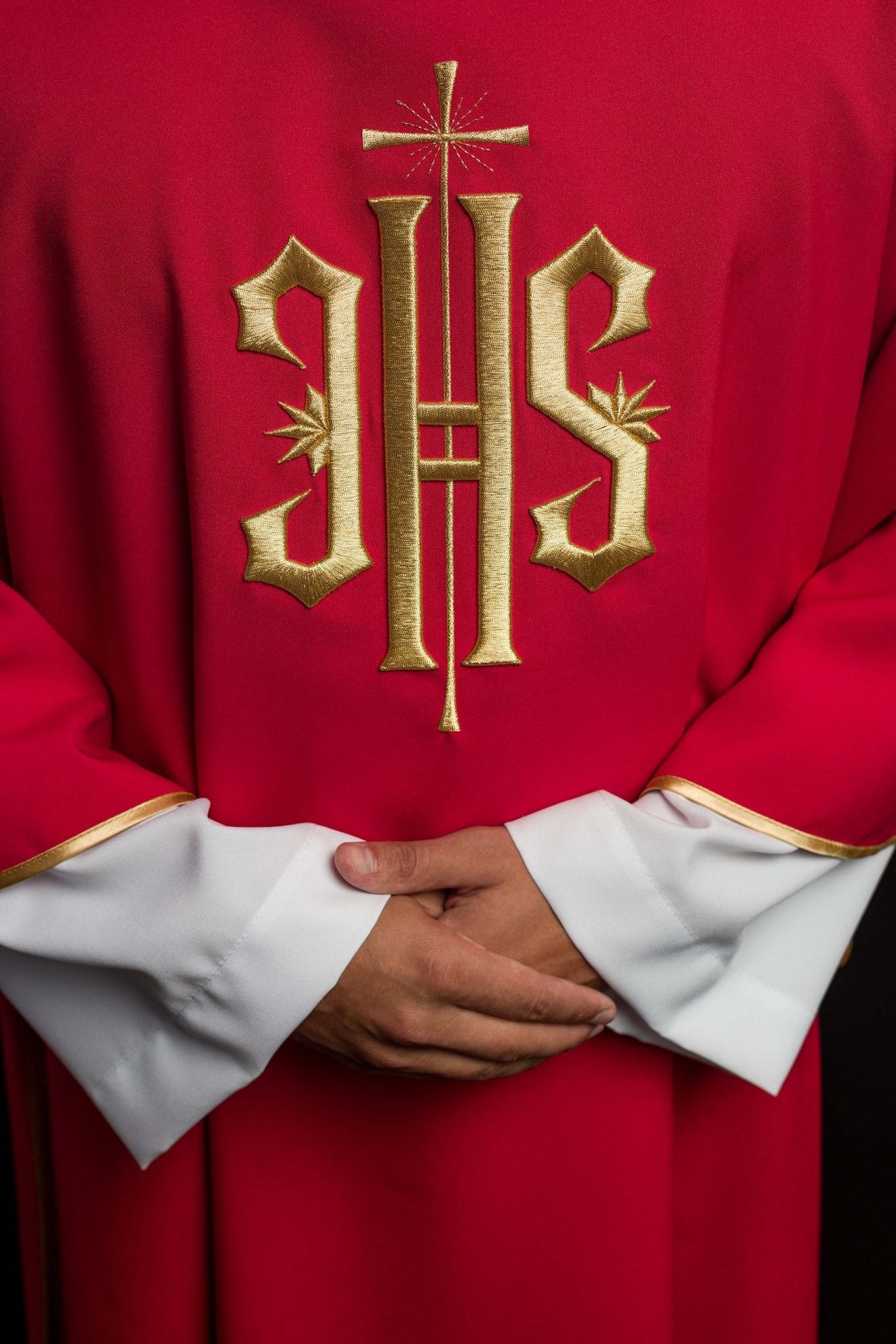 Red Dalmatic with Embroidered Gold IHS KDL/215/02/12/D - CHASUBLES.COM
