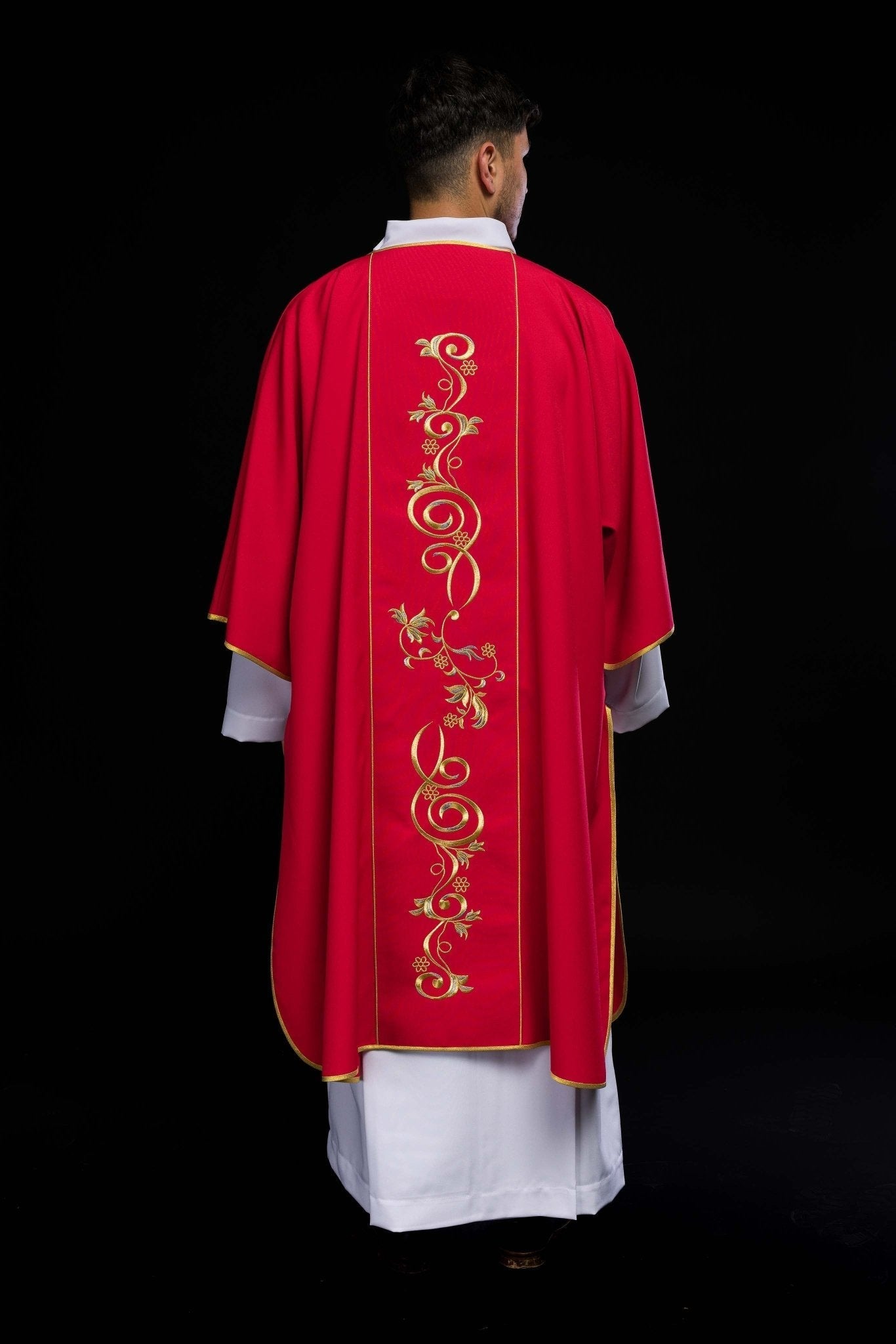 Red dalmatic with embroidered IHS band KDL/031/02/01/A CZERWONY DALMATYK - HAFTINAUSA.COM