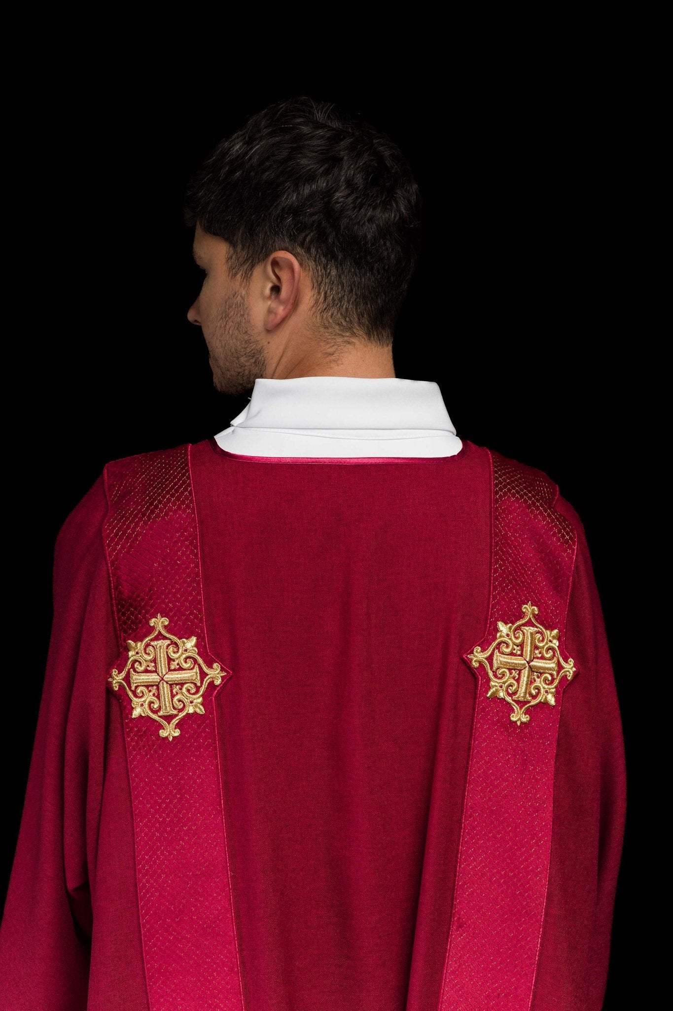 Red dalmatic with velvet bands and cross symbols LE/1030/02/B - CHASUBLES.COM