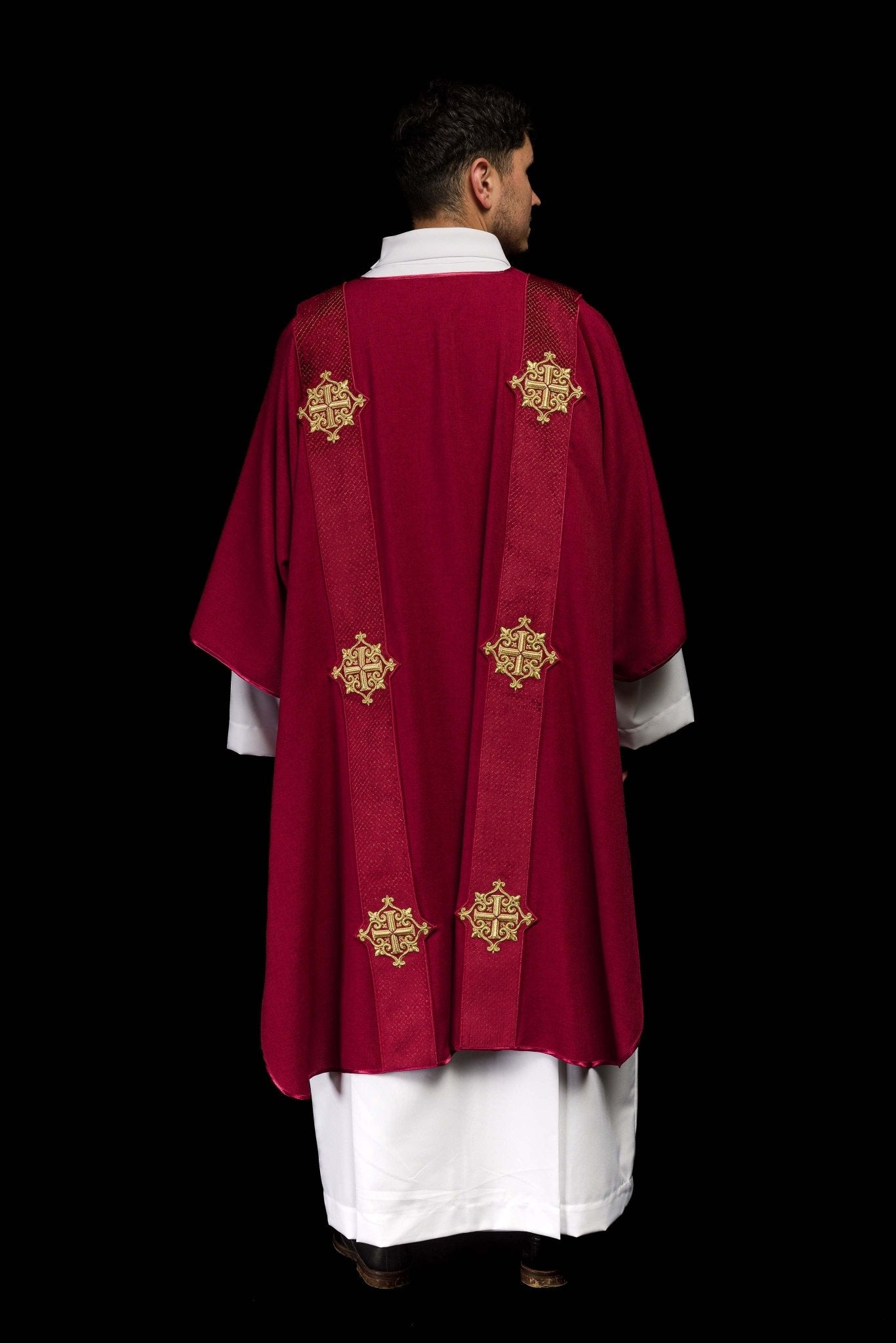 Red dalmatic with velvet bands and cross symbols LE/1030/02/B - CHASUBLES.COM
