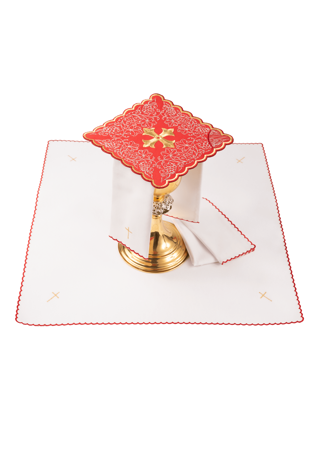Red embroidered chalice linens set with a cross motif KDT/5028/02 CZERWONY - CHASUBLES.COM