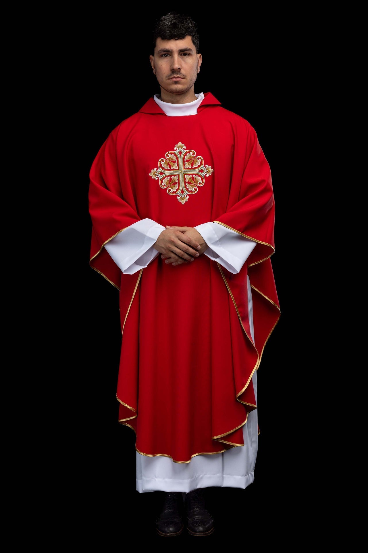 Red embroidered chasuble with an ornate cross and a wide collar KOK/003/02/12/KARO - CHASUBLES.COM