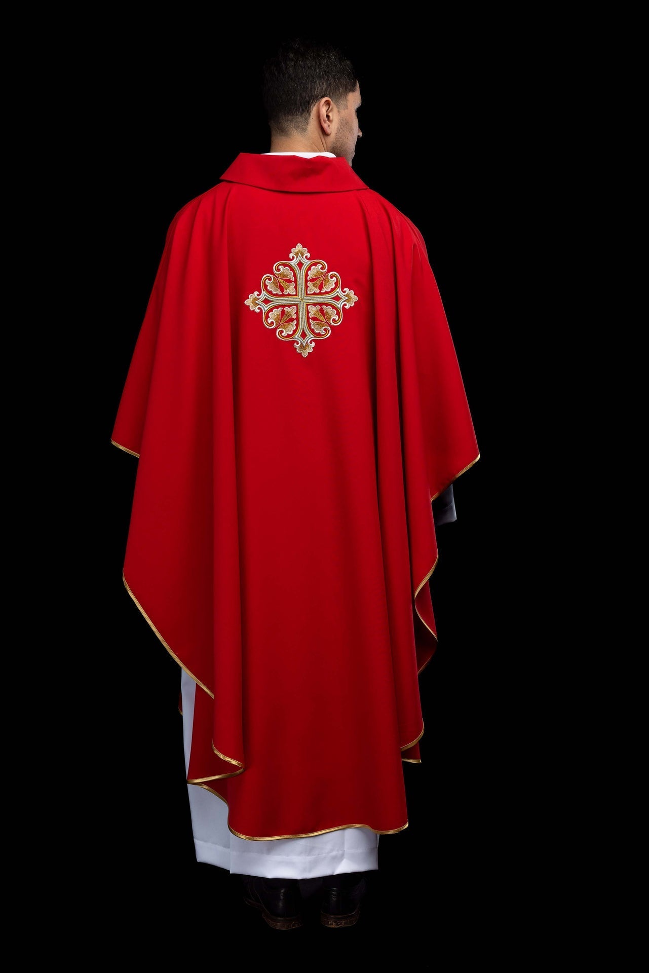 Red embroidered chasuble with an ornate cross and a wide collar KOK/003/02/12/KARO - CHASUBLES.COM