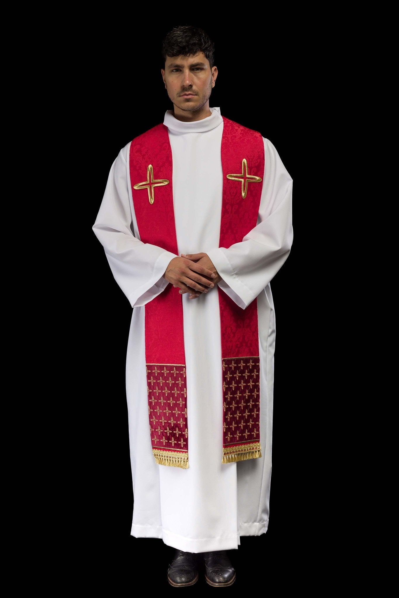 Red Embroidered Jacquard Stole with Cross Motifs S-2054-02-67 - CHASUBLES.COM