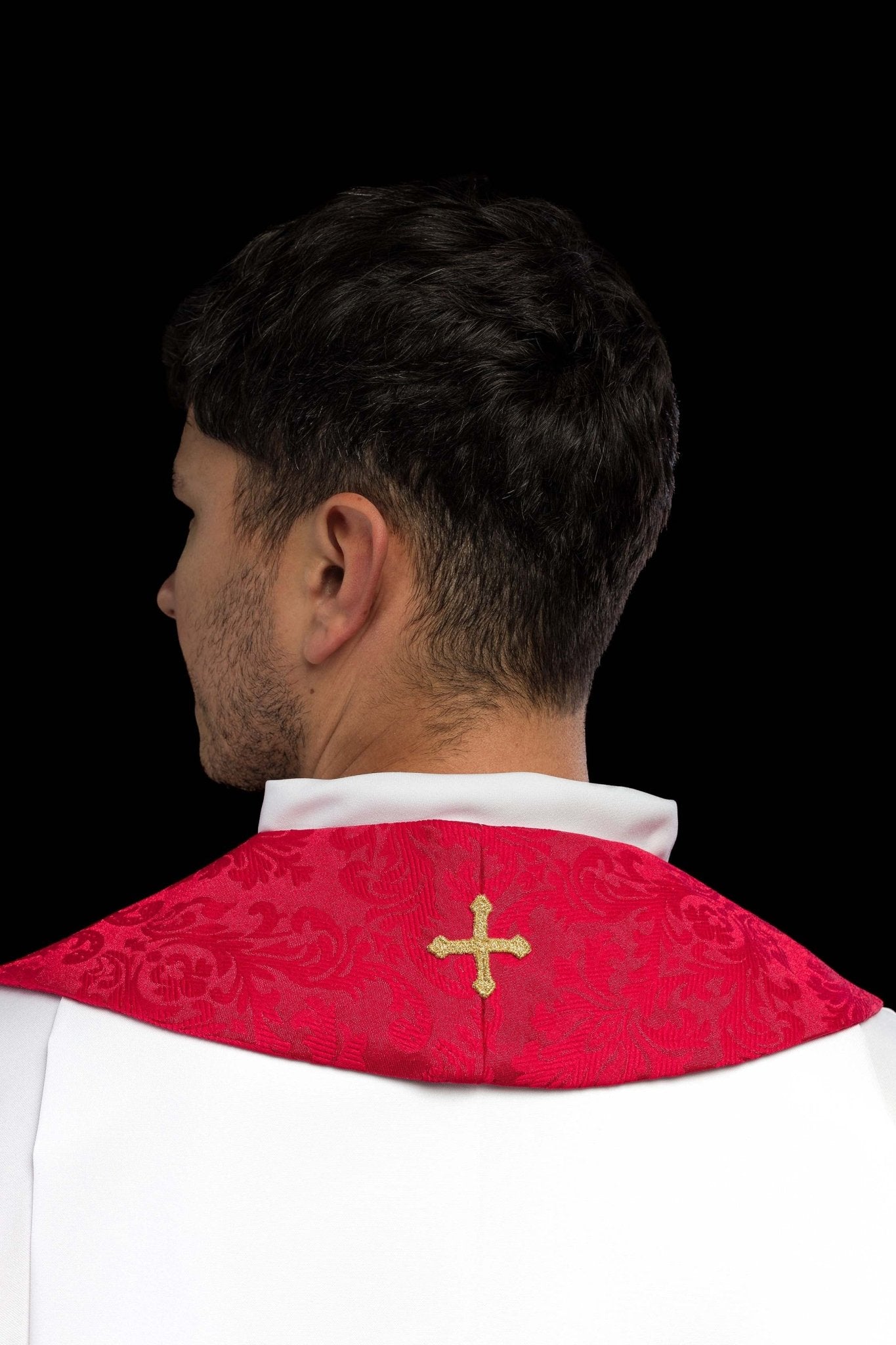 Red Embroidered Jacquard Stole with Cross Motifs S-2054-02-67 - CHASUBLES.COM
