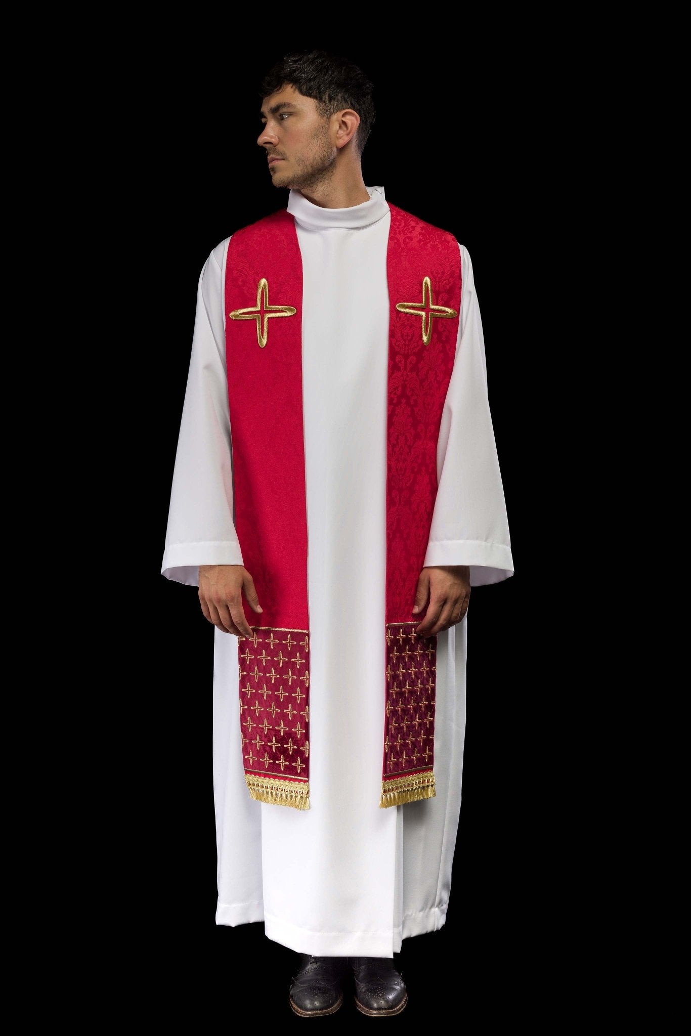 Red Embroidered Jacquard Stole with Cross Motifs S-2054-02-67 - CHASUBLES.COM