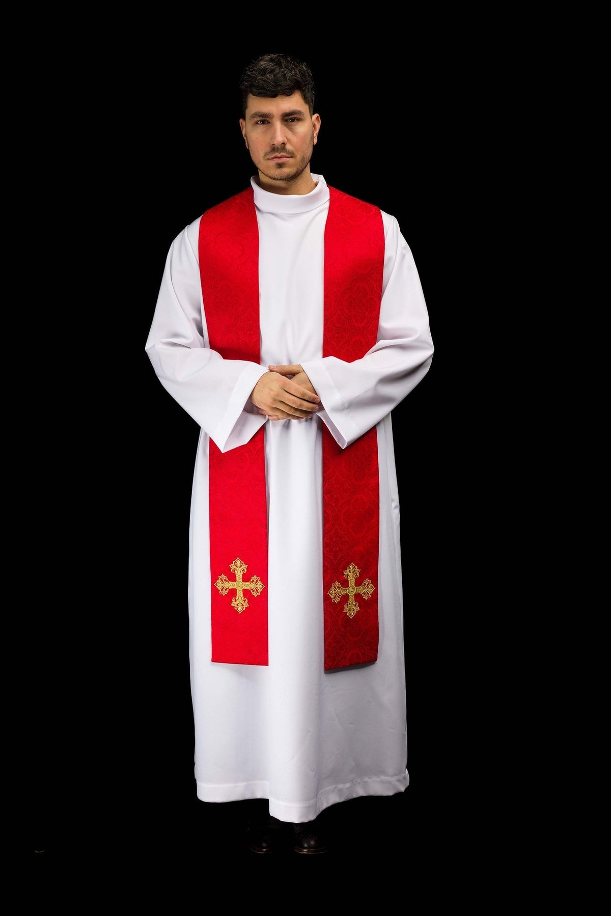 Red jacquard stole embroidered with a cross motif