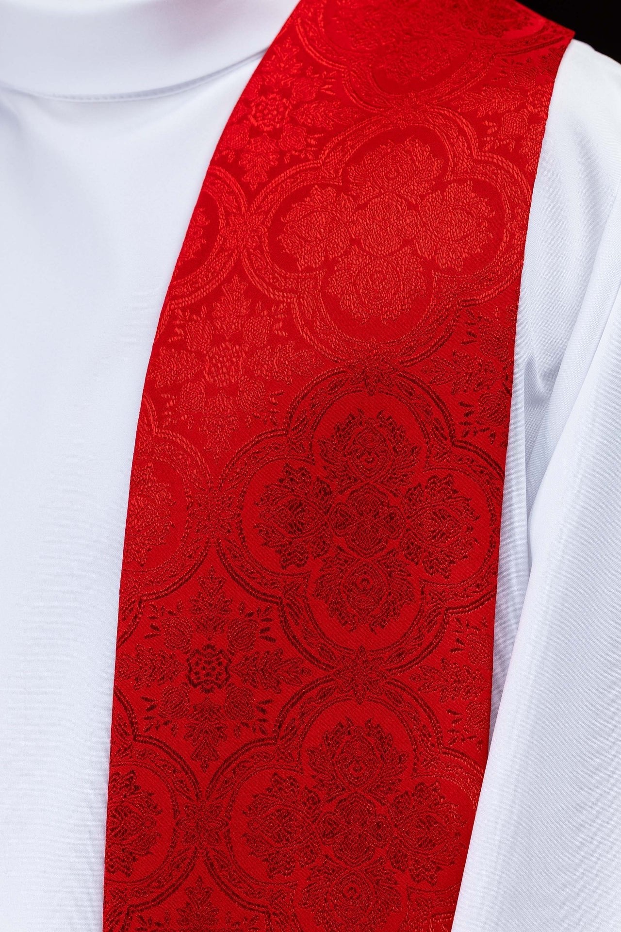 Red jacquard stole embroidered with a cross motif KST/967/02/11 - CHASUBLES.COM