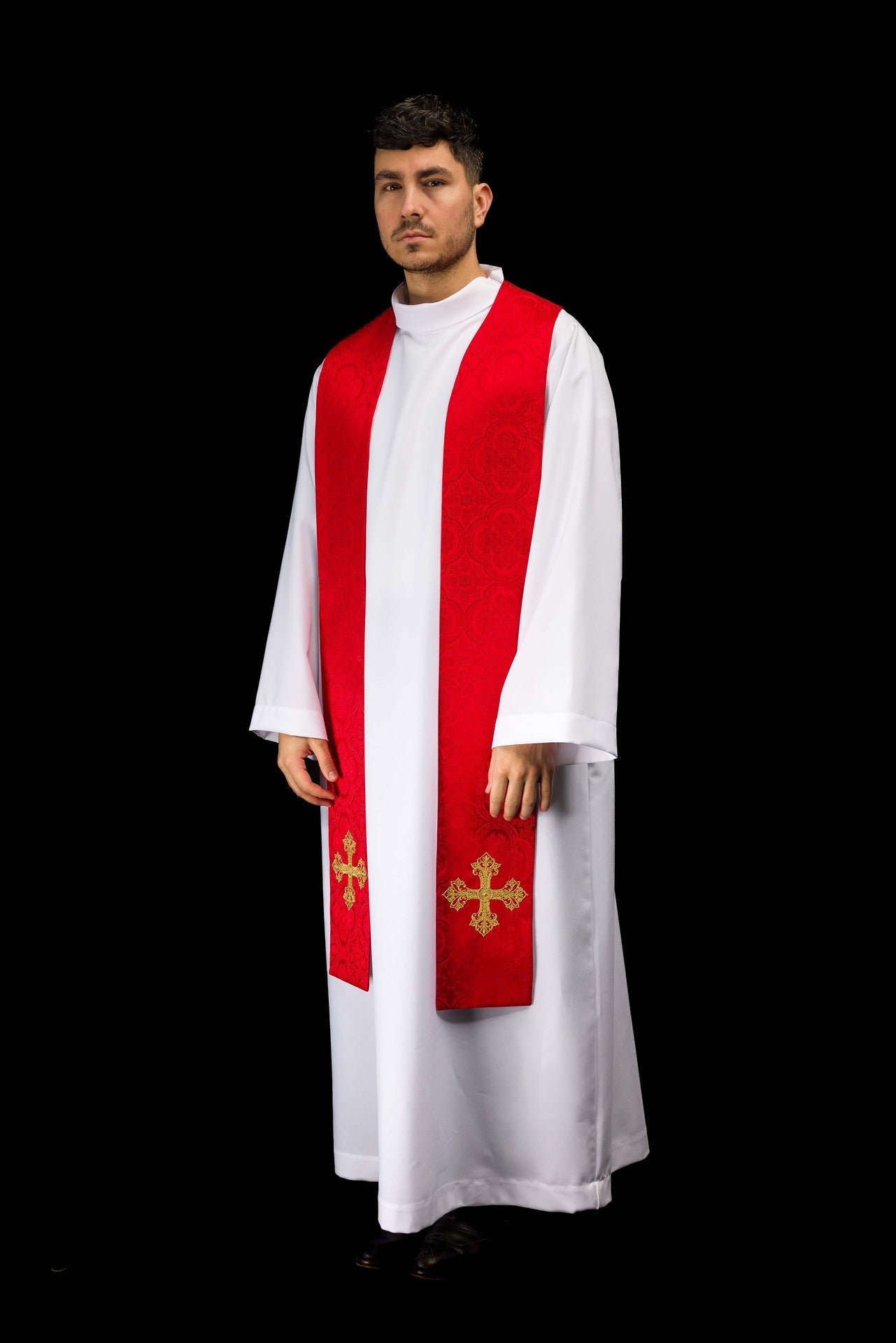 Red jacquard stole embroidered with a cross motif KST/967/02/11 - CHASUBLES.COM