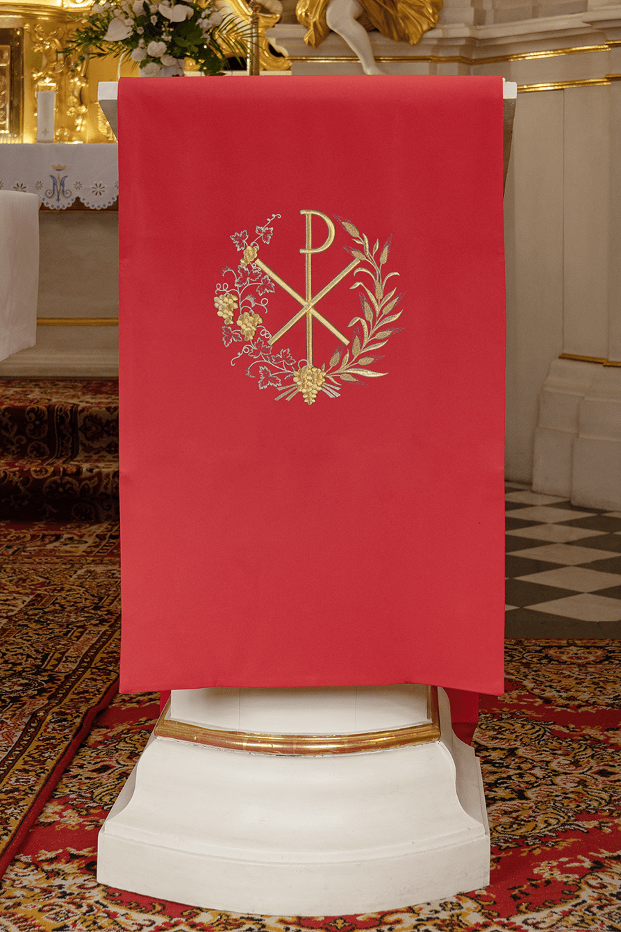 Red lectern cover embroidered with a PAX motif KMO/012/02/01 CZERWONY 55*250 - HAFTINAUSA.COM