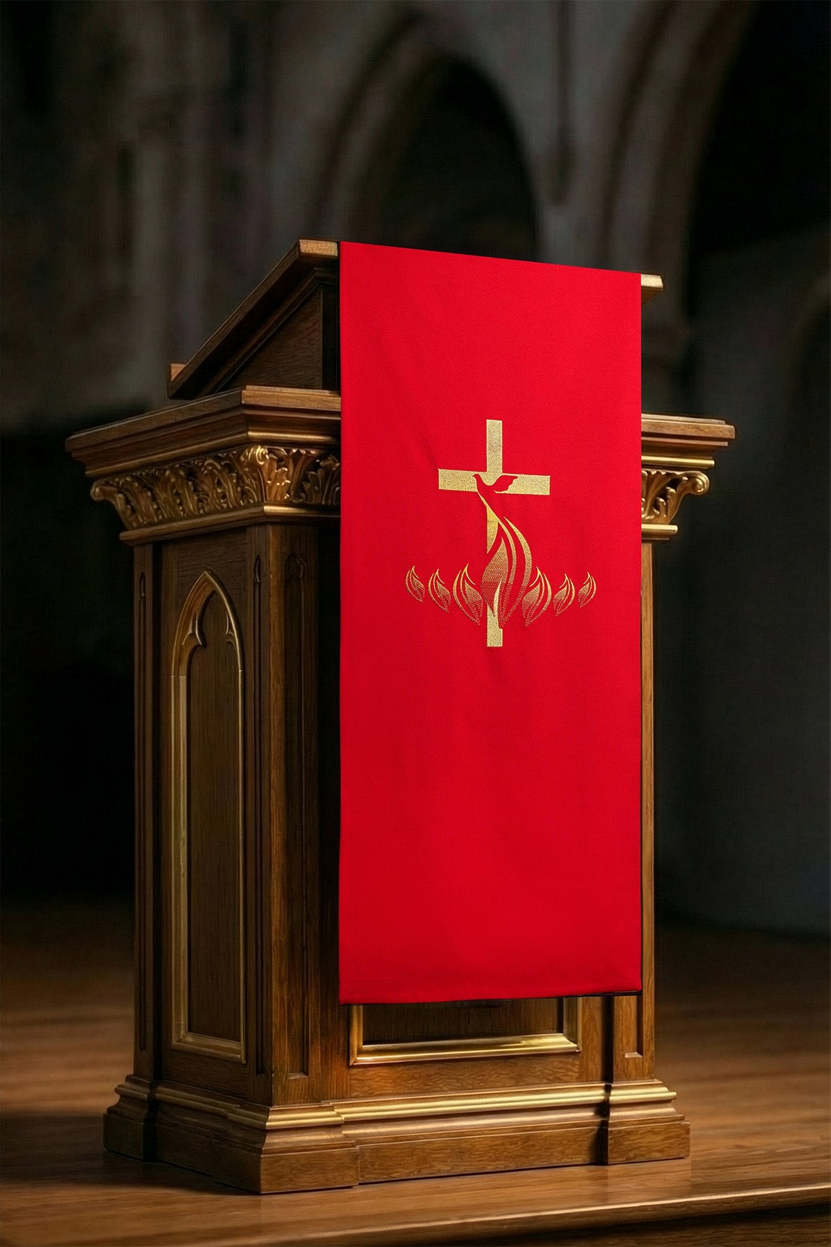Red lectern Cover Embroidered with Cross and Fire Symbol in Red KMO/216/02/01 CZERWONY 55*250 - CHASUBLES.COM