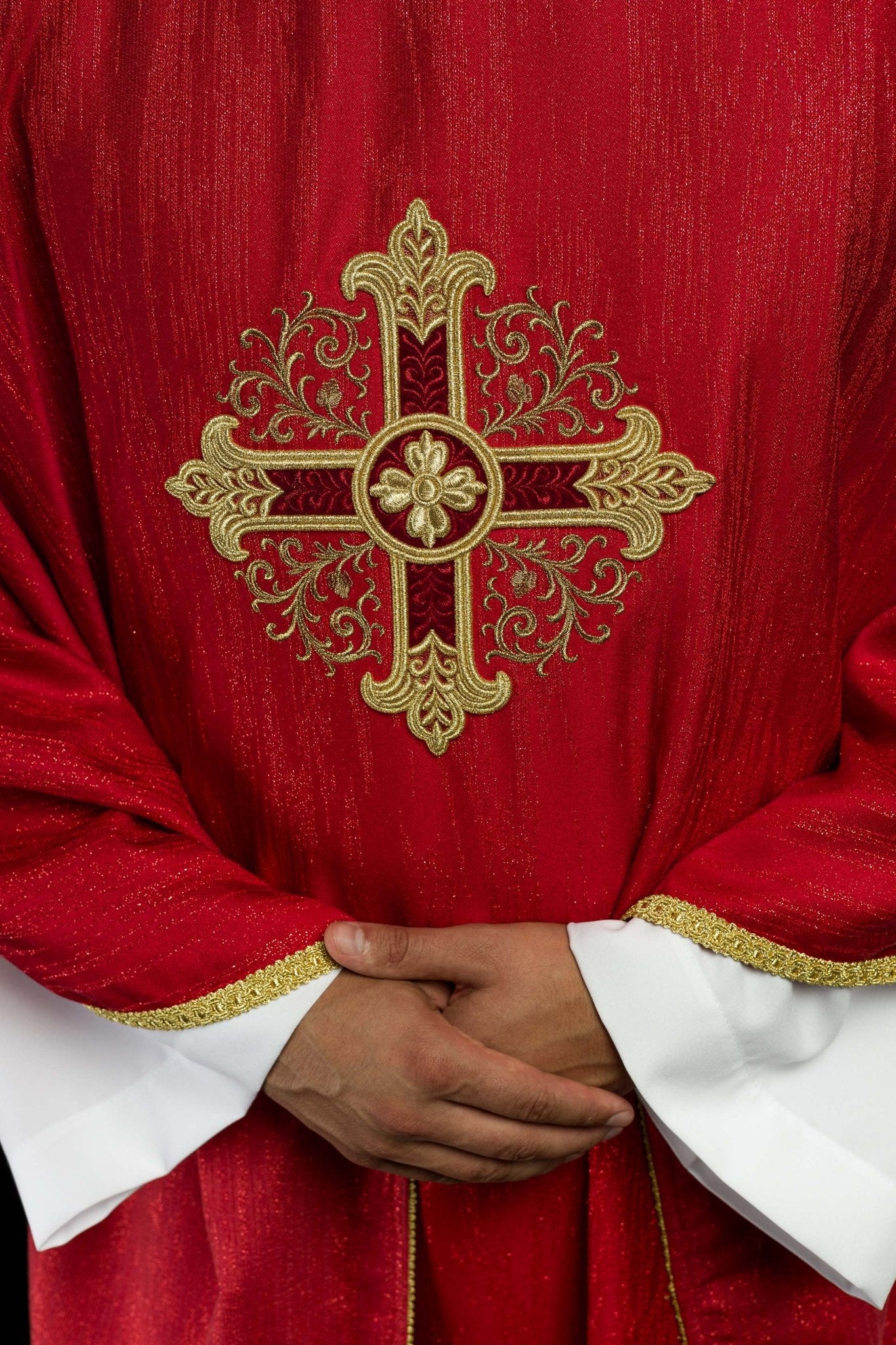 Red Liturgical Chasuble with Embroidered Cross on Decorative Fabric KOA/006/02/99 - CHASUBLES.COM