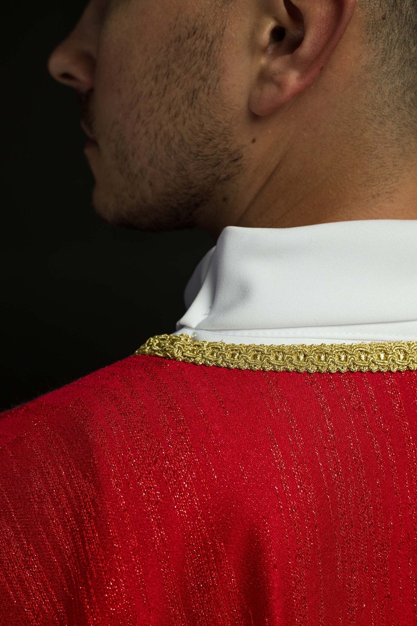 Red Liturgical Chasuble with Embroidered Cross on Decorative Fabric KOA/006/02/99 - CHASUBLES.COM