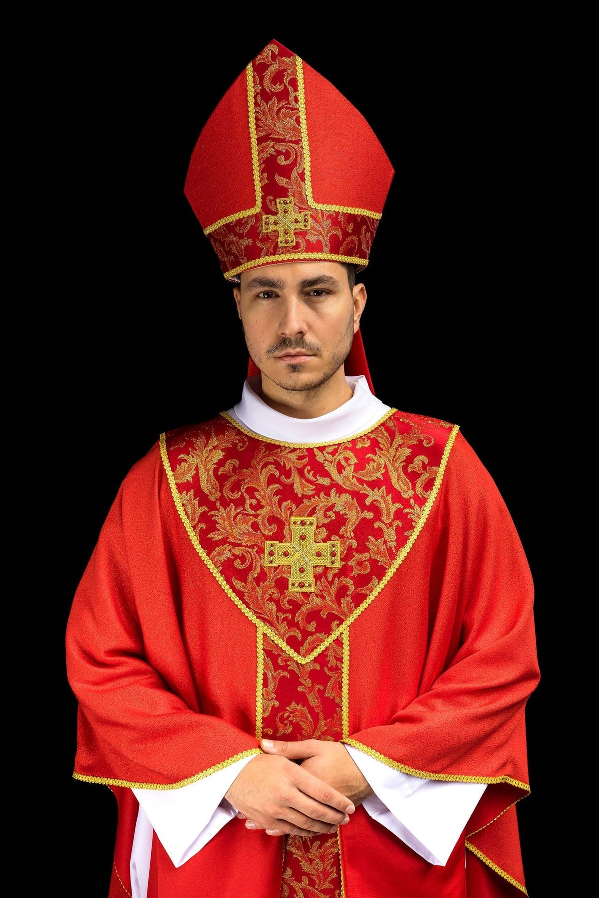 Red mitre embroidered with a cross decorated with jacquard fabric LE/9075/02-1 - CHASUBLES.COM