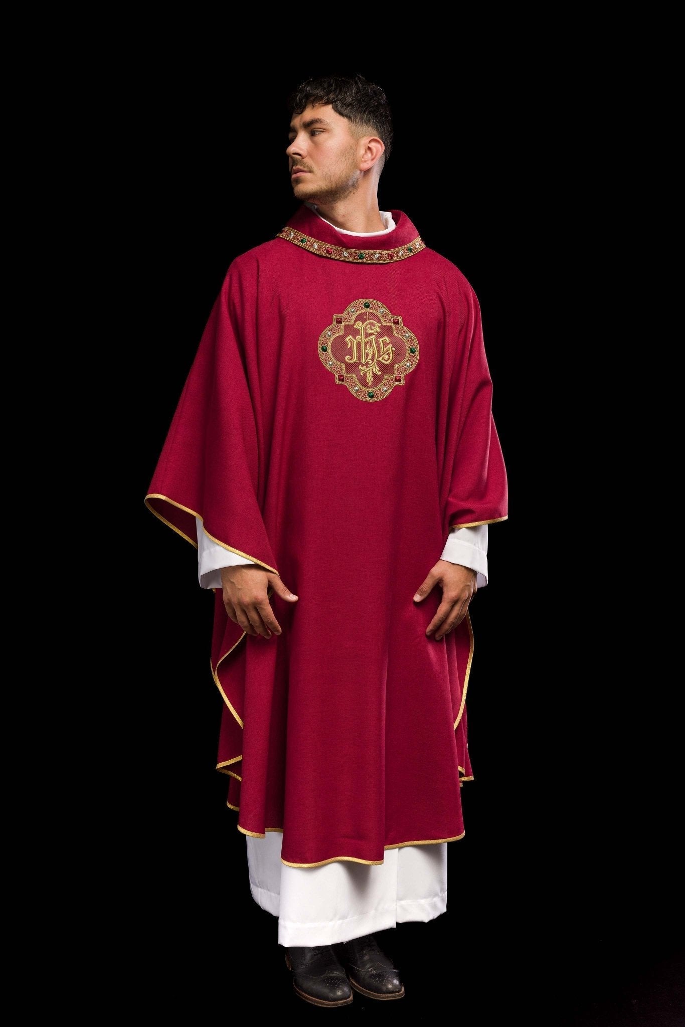 Red priest vestment with classic JHS symbol and embroidered collar S - 7073 - 02 - 70 - HAFTINAUSA.COM