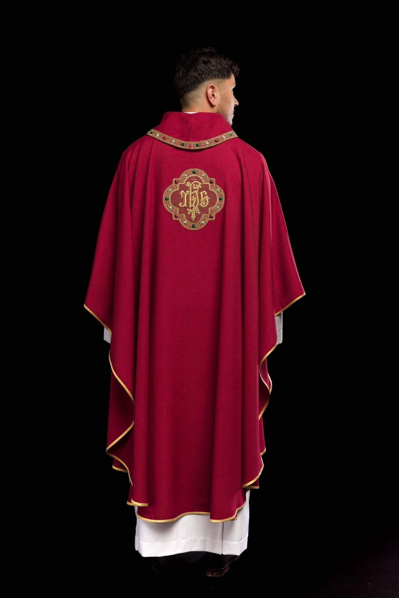 Red priest vestment with classic JHS symbol and embroidered collar S - 7073 - 02 - 70 - HAFTINAUSA.COM