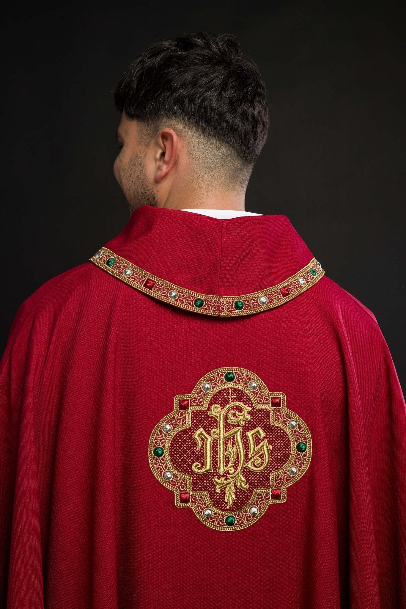 Red priest vestment with classic JHS symbol and embroidered collar S - 7073 - 02 - 70 - HAFTINAUSA.COM