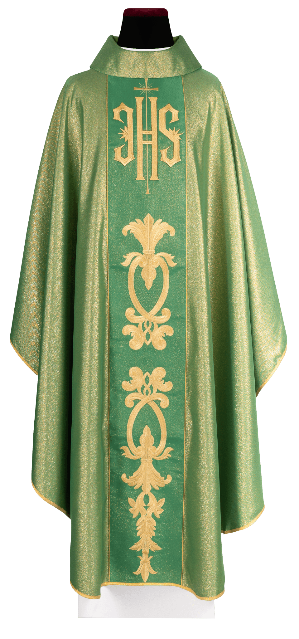 Richly decorated green chasuble with golden motifs and a wide IHS band KDT/7001/01/54 ZIELONY - CHASUBLES.COM