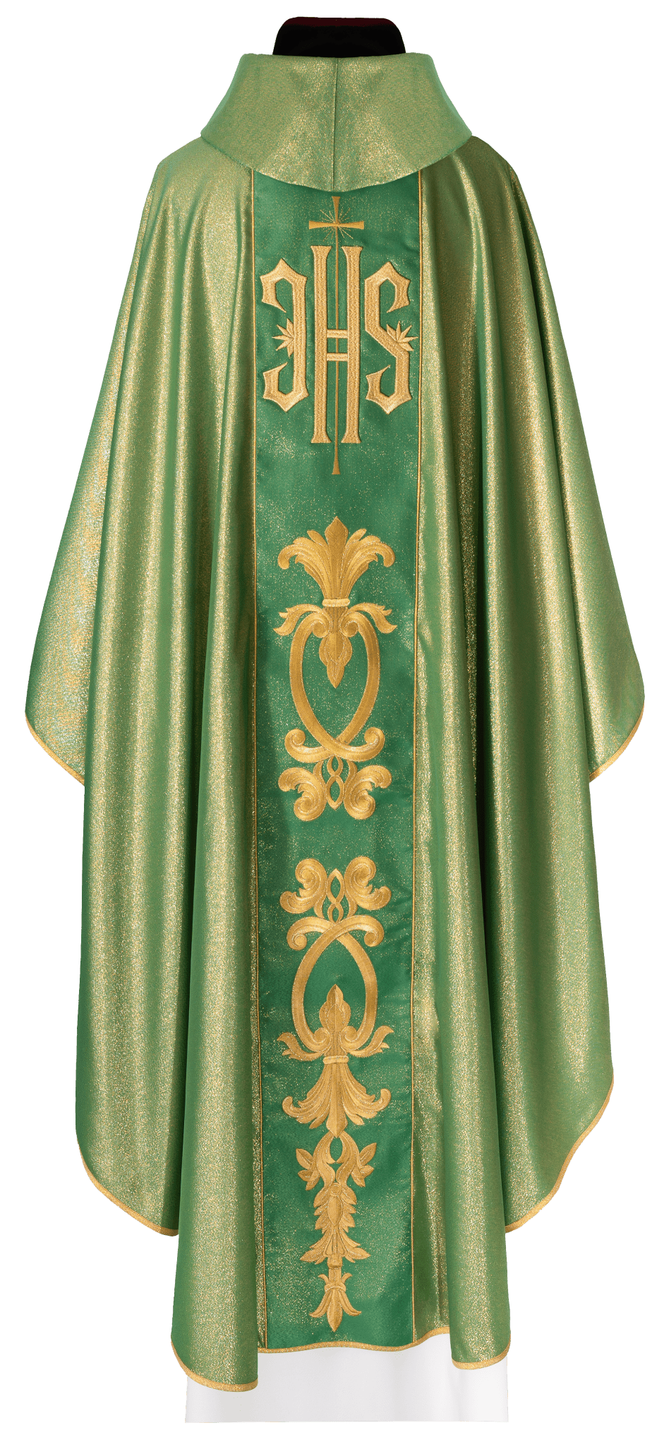 Richly decorated green chasuble with golden motifs and a wide IHS band KDT/7001/01/54 ZIELONY - CHASUBLES.COM