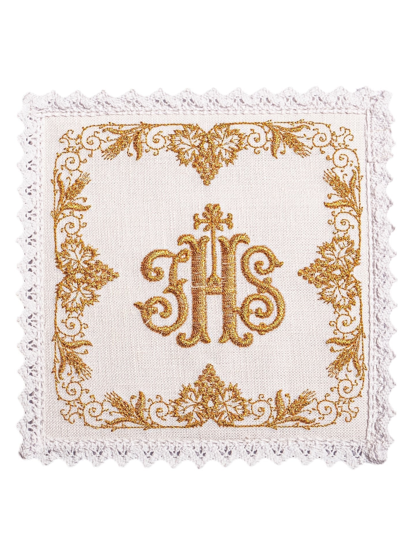 Richly decorated linen chalices set linen IHS KKL/049 - HAFTINAUSA.COM