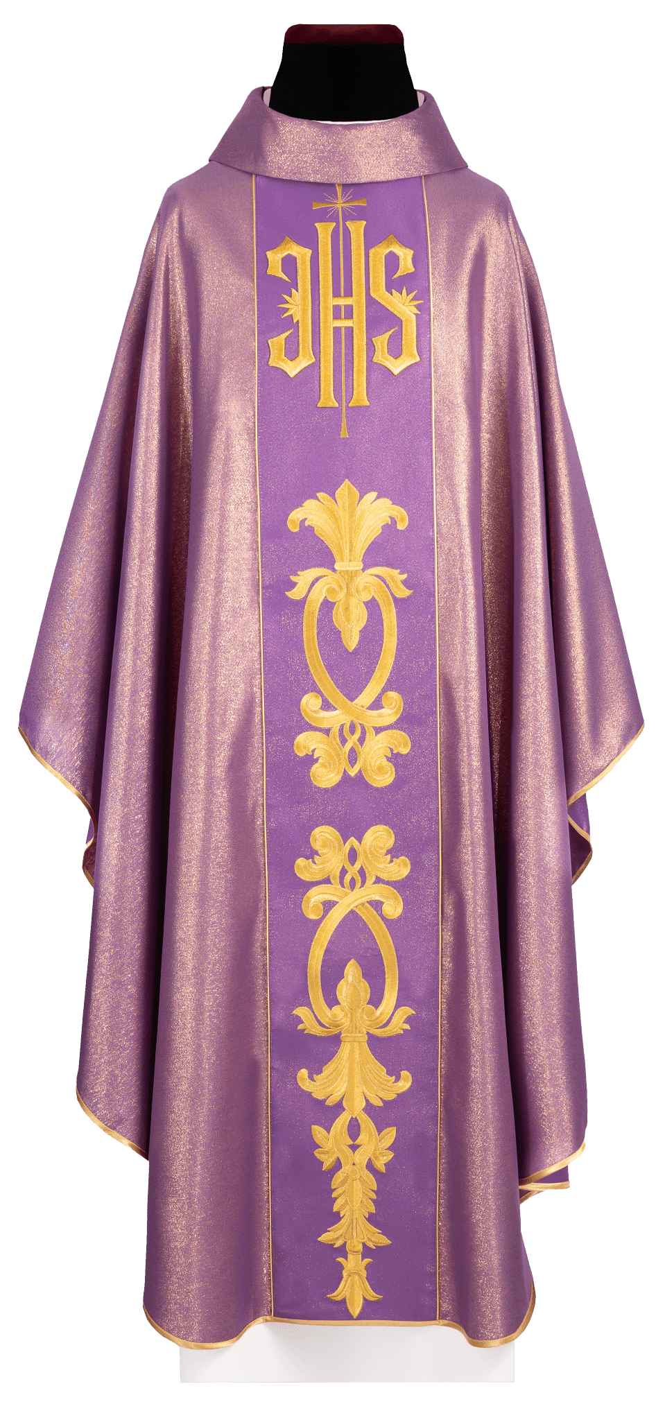Richly decorated purple chasuble with golden motifs and a wide IHS band KDT/7001/03/54 FIOLET - CHASUBLES.COM