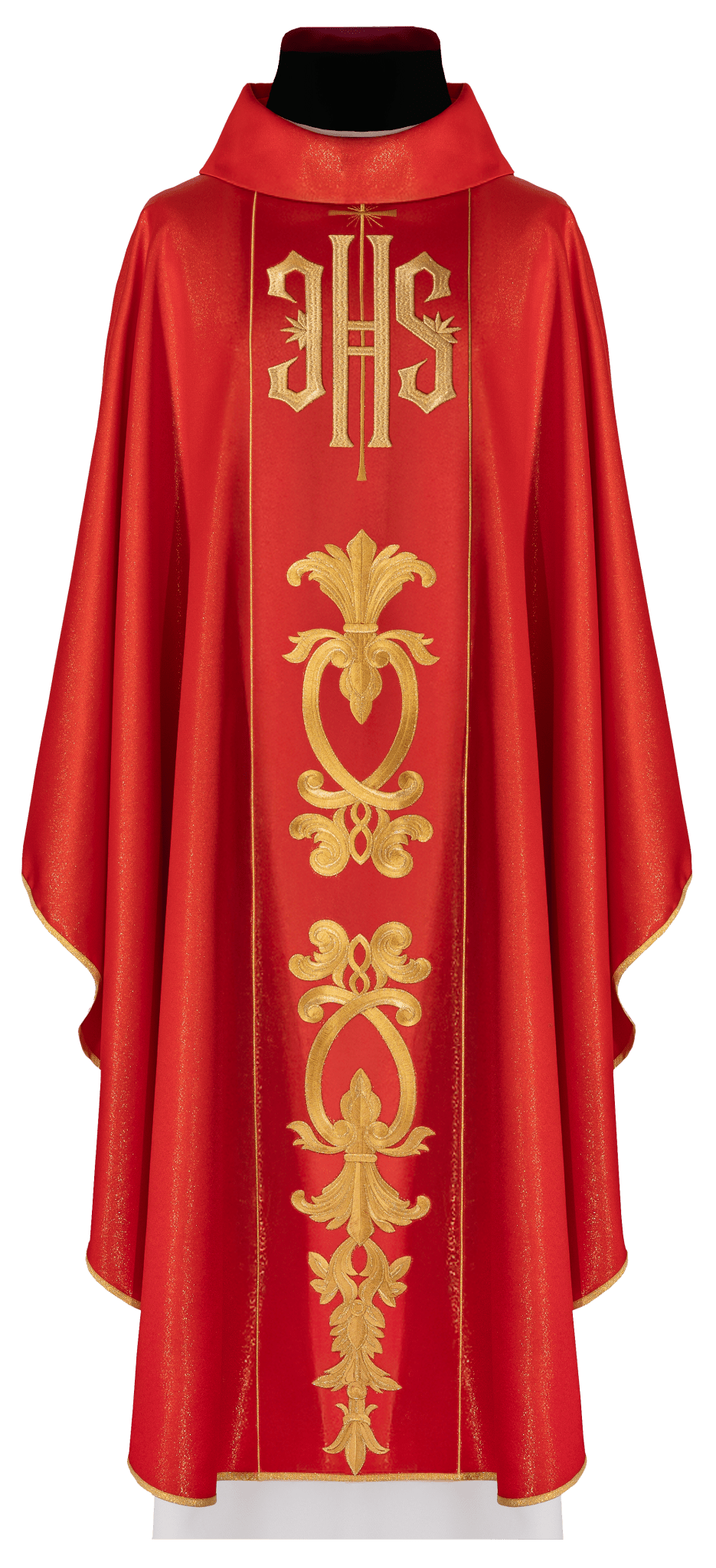 Richly decorated red chasuble with golden motifs and a wide IHS band KDT/7001/02/54 CZERWONY - CHASUBLES.COM