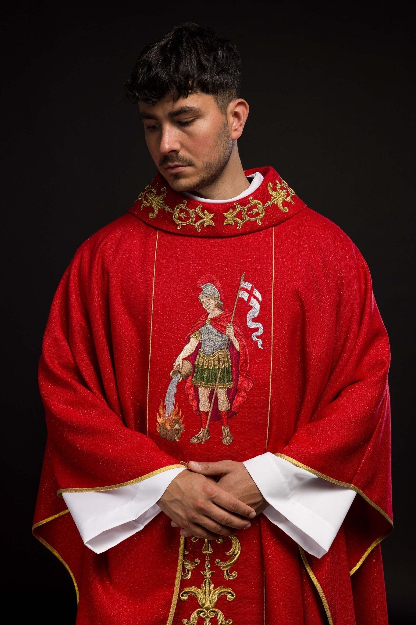 Richly embroidered chasuble with the image of Saint Florian KOW2/037/02/71 - HAFTINAUSA.COM
