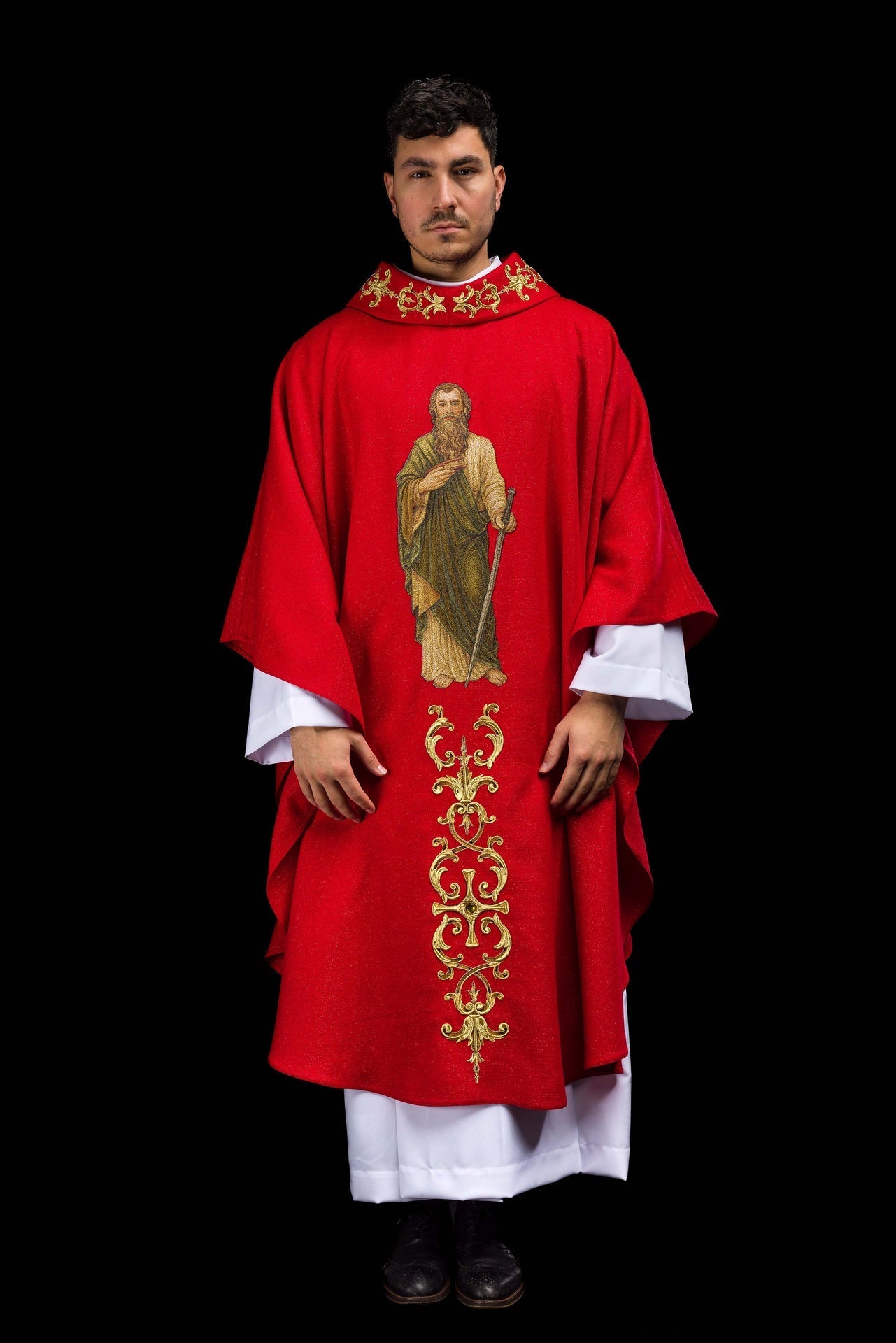 Richly embroidered chasuble with the image of Saint Paul red KOW2/039/02/71 - CHASUBLES.COM