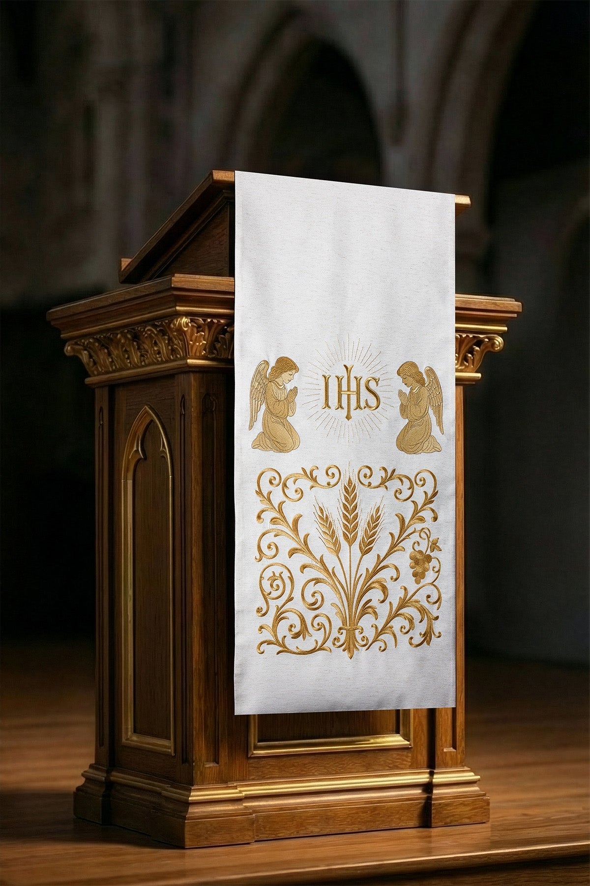 Richly embroidered IHS lectern cloth in ecru LE/8048/05 55*250 - CHASUBLES.COM