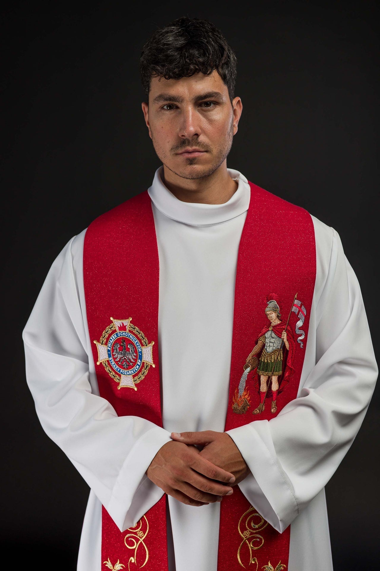 Richly Embroidered Stole with an Image of Saint Florian KSW2/008/02/71 - CHASUBLES.COM